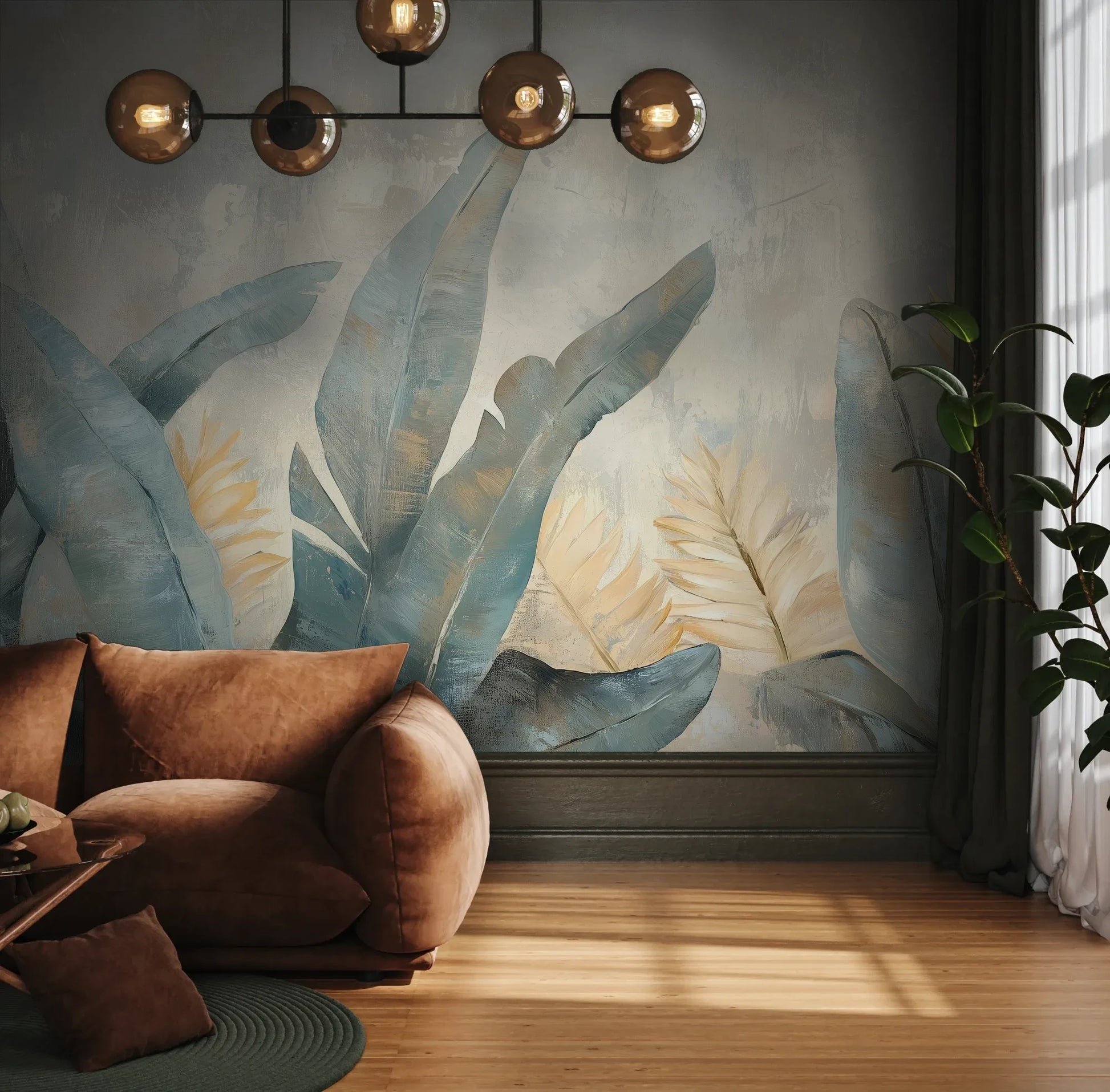 Fototapeta BLUE SAGE MELODY - tapeta z tropikalnymi liśćmi w akwarelowej poświacie pokazana w aranżacji wnętrza z akcentem na ścianie.