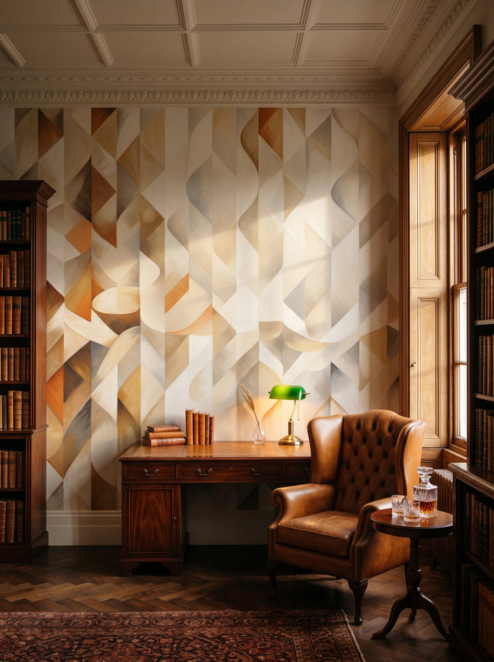 Fototapeta artystyczna o nazwie Beige Swirl w aranżacji wnętrza: prywatna biblioteka w stylu angielskiego klubu.