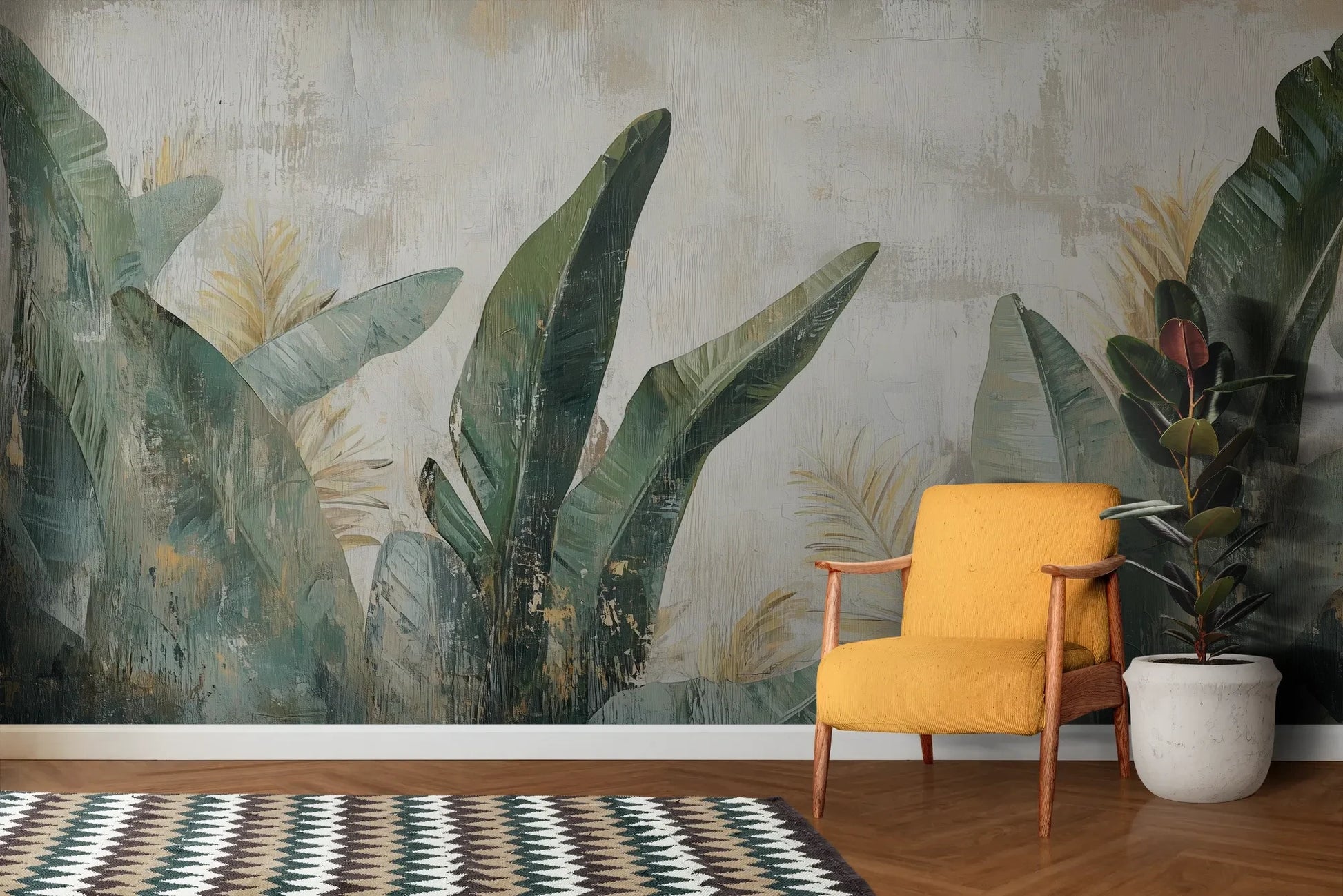 Wzór fototapety TROPICAL DAWN - tapeta z tropikalnymi liśćmi w pastelowych odcieniach pokazanej w aranżacji salonu.
