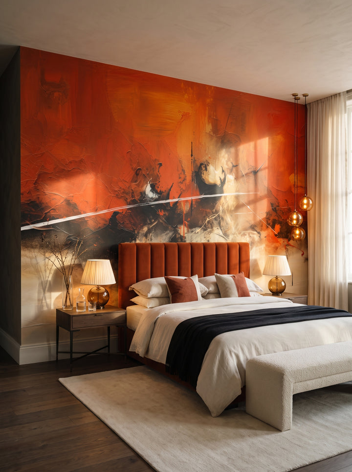 Fototapeta artystyczna o nazwie Fiery Dissolve w aranżacji wnętrza: apartament w pięciogwiazdkowym hotelu w stylu quiet luxury.