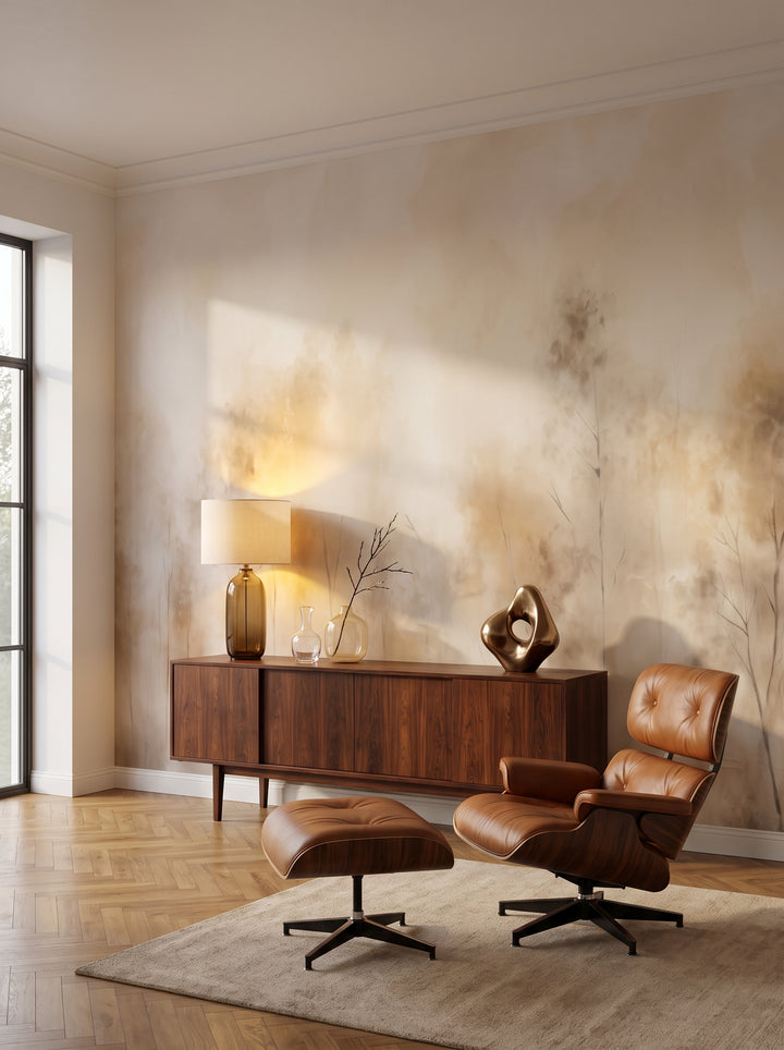 Fototapeta artystyczna o nazwie AMBER FOG FOREST MURAL w aranżacji wnętrza: salon kolekcjonera w stylu mid-century modern.
