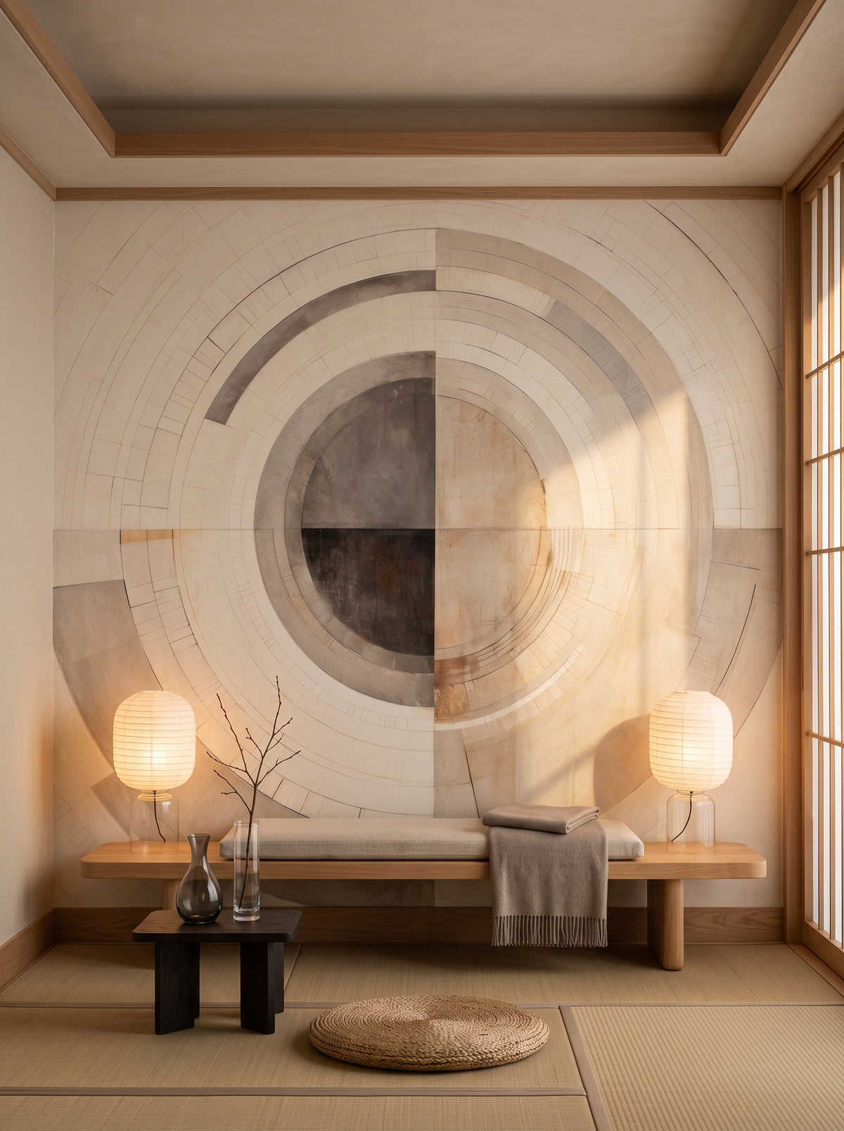Papier peint panoramique artistique « MONOCHROME ECLIPSE ABSTRACTION #2 » dans un intérieur : lounge dans un couloir d'hôtel à Kyoto.