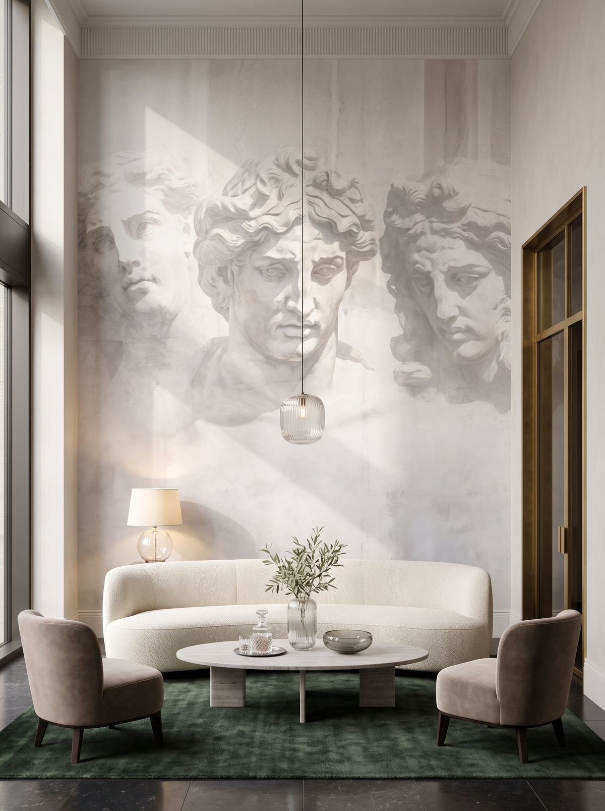 Fototapeta artystyczna o nazwie Greek Tragedy w aranżacji wnętrza: lobby lounge butikowego hotelu designerskiego.