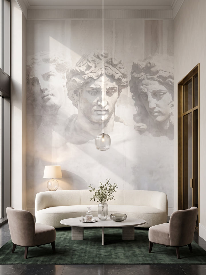 Fototapeta artystyczna o nazwie Greek Tragedy w aranżacji wnętrza: lobby lounge butikowego hotelu designerskiego.
