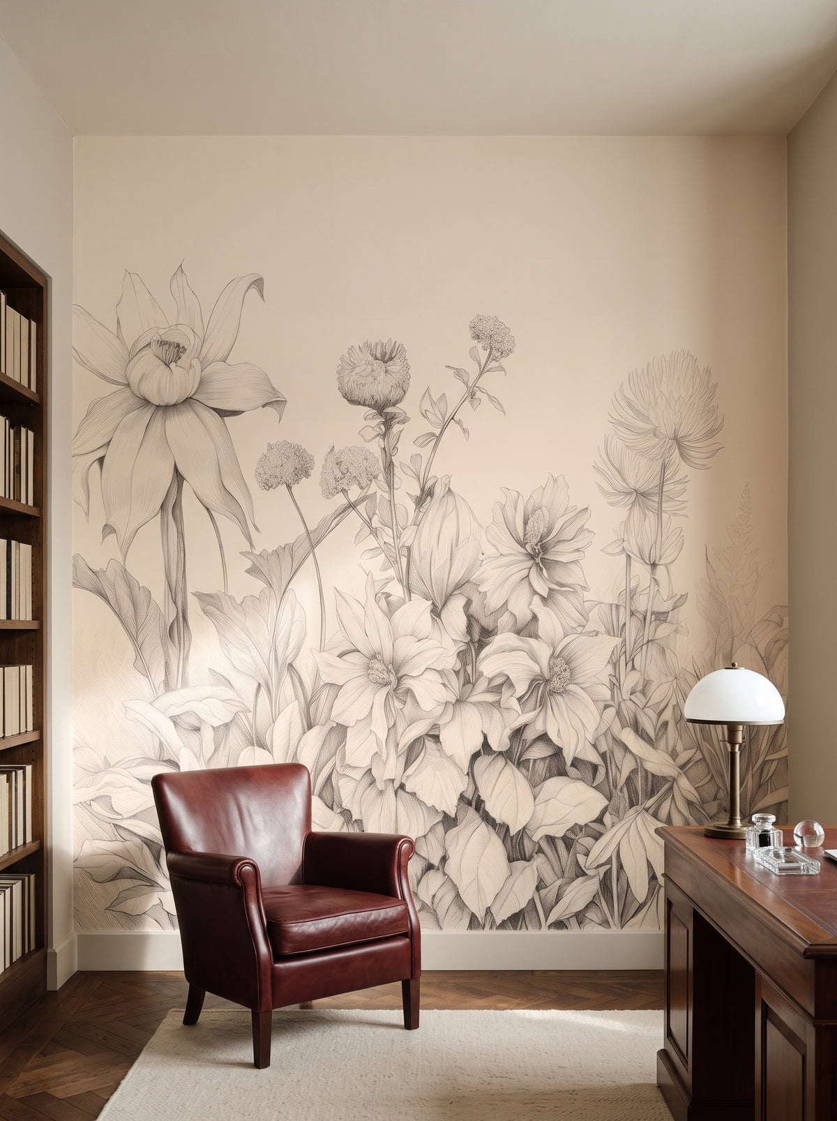 Fototapeta artystyczna o nazwie Harmonious Blossoms w aranżacji wnętrza: prywatna biblioteka w angielskim stylu.