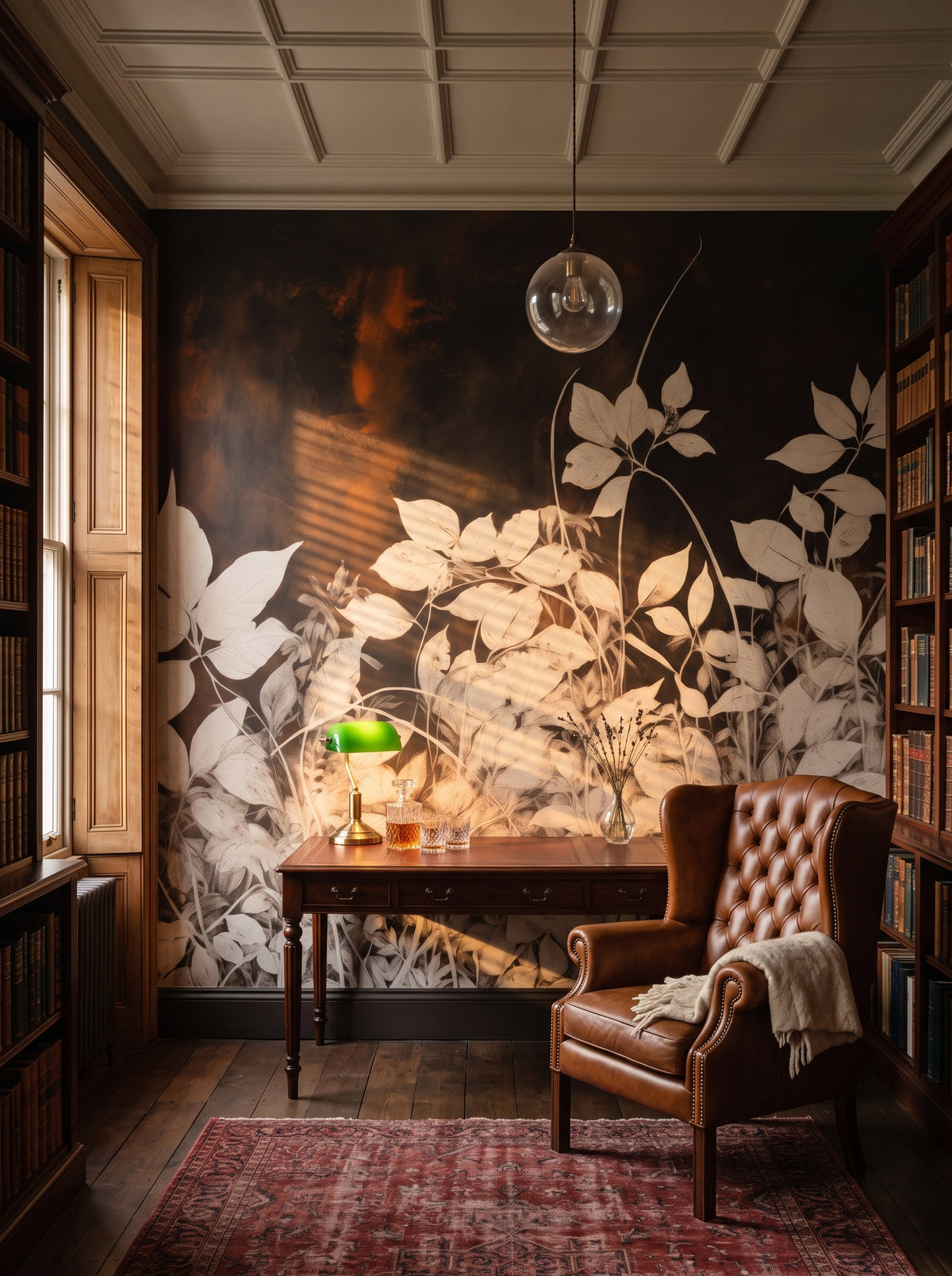 Fototapeta artystyczna o nazwie Golden Twilight Leaves w aranżacji wnętrza: prywatna biblioteka w stylu angielskiego klubu.