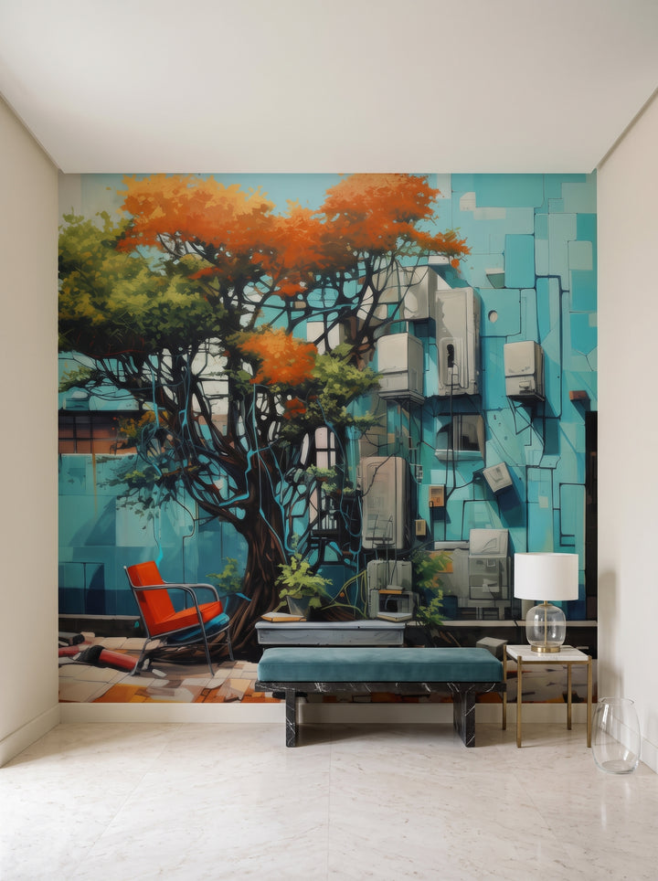 Fototapeta artystyczna o nazwie Concrete Oasis w aranżacji wnętrza: hol wejściowy w nowoczesnej rezydencji klasycznej.