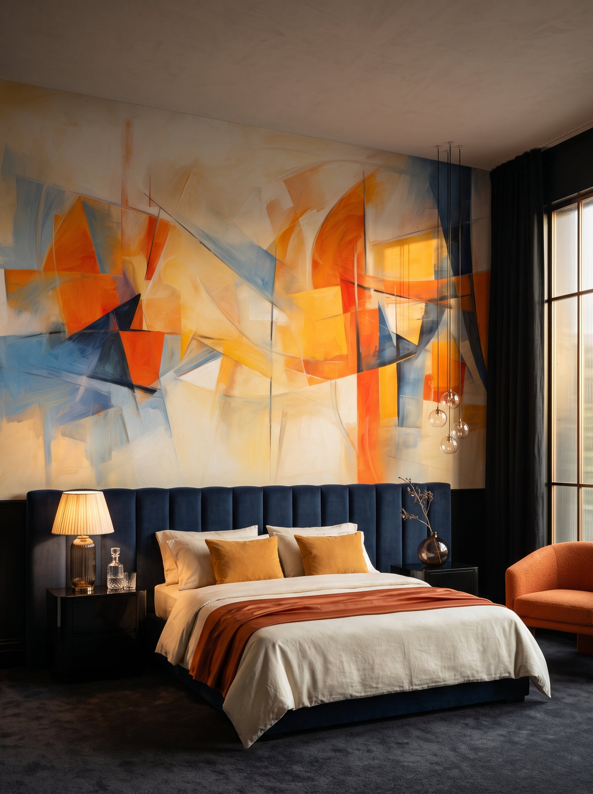 Carta da parati artistica «Serene Geometry» in un interno: camera da letto scura e avvolgente in un boutique hotel.