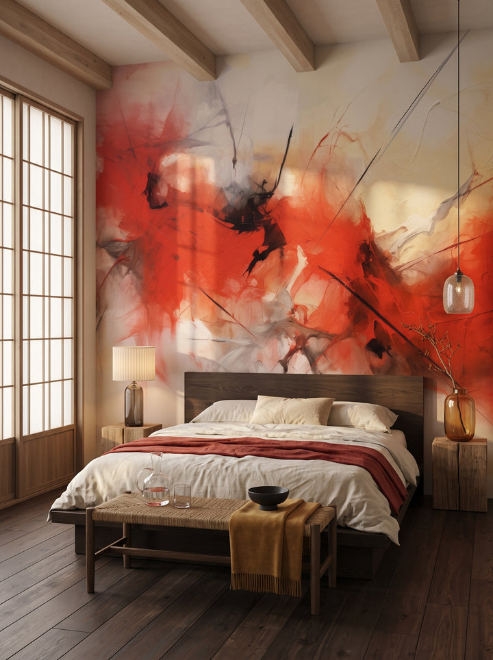Fototapeta artystyczna o nazwie Crimson Flow w aranżacji wnętrza: sypialnia wabi-sabi w japońsko-skandynawskim stylu.