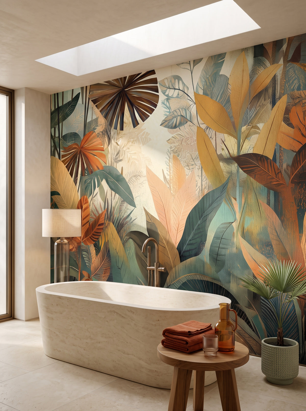 Fototapeta artystyczna o nazwie RUSTIC PALMS w aranżacji wnętrza: łazienka spa w luksusowej rezydencji.