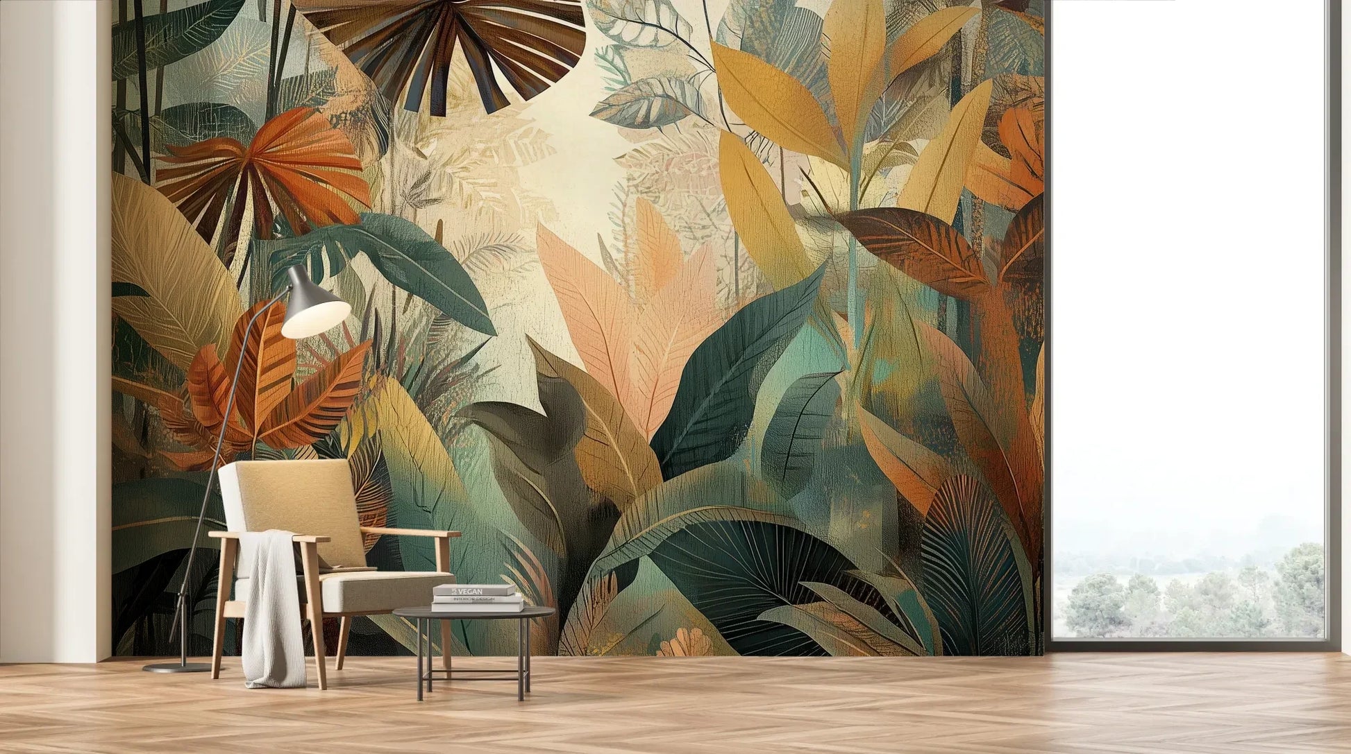 Wzór fototapety RUSTIC PALMS - tapeta z tropikalnymi liśćmi w ciepłych odcieniach pokazanej w aranżacji salonu.