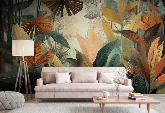 Wzór fototapety RUSTIC PALMS - tapeta z tropikalnymi liśćmi w ciepłych odcieniach pokazanej w aranżacji salonu.