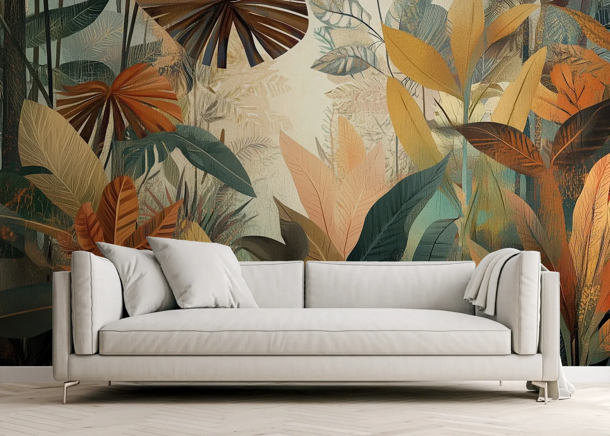 Wzór fototapety RUSTIC PALMS - tapeta z tropikalnymi liśćmi w ciepłych odcieniach pokazanej w aranżacji salonu.