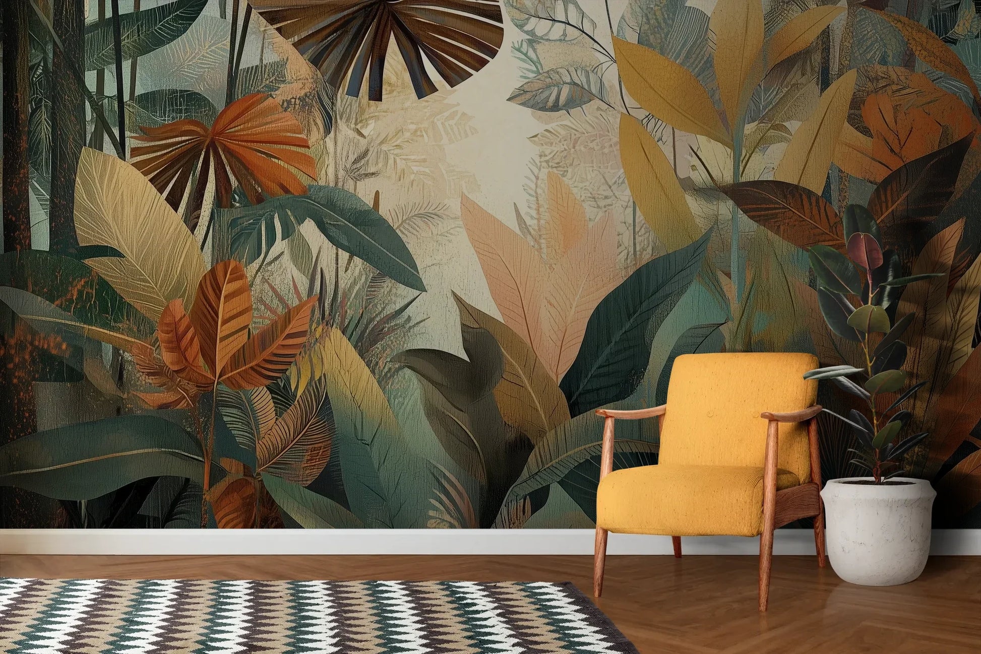 Wzór fototapety RUSTIC PALMS - tapeta z tropikalnymi liśćmi w ciepłych odcieniach pokazanej w aranżacji salonu.