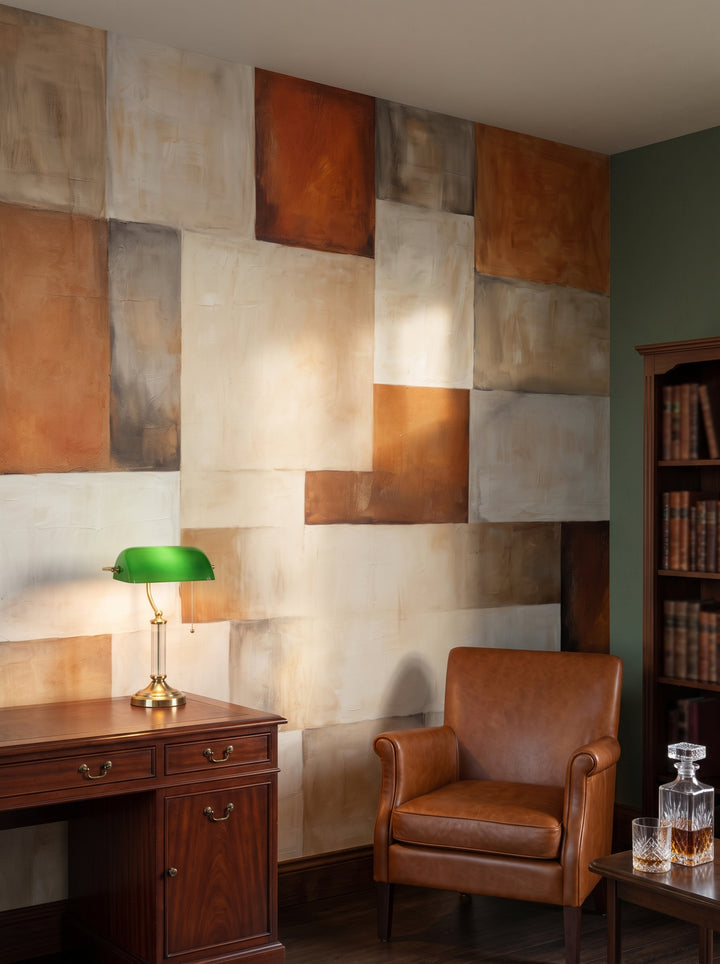 Fototapeta artystyczna o nazwie Earthy Blocks w aranżacji wnętrza: prywatna biblioteka w angielskim stylu klubowym.