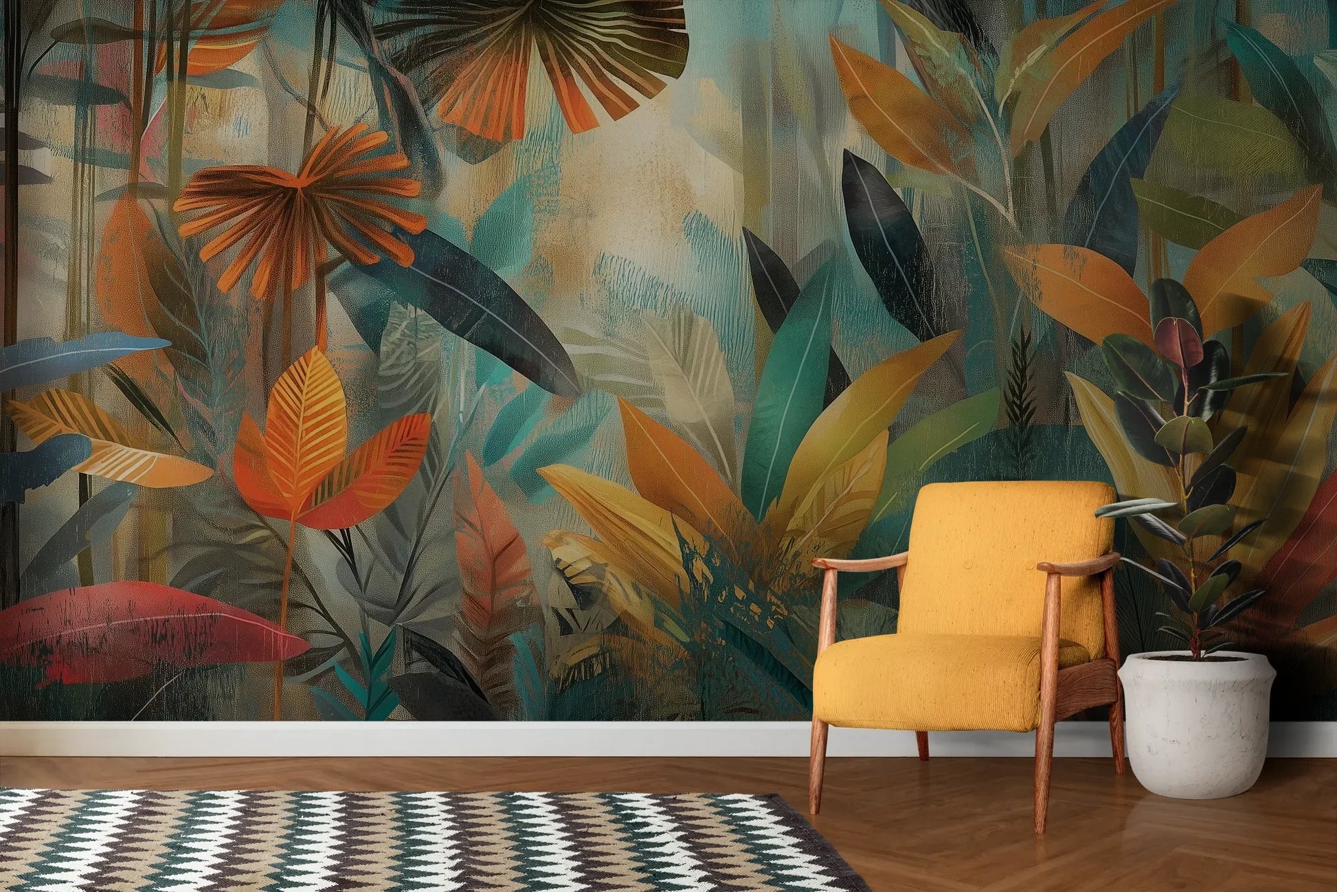 Wzór fototapety TROPICAL AURORA - tapeta z egzotycznymi liśćmi w ciepłych barwach pokazanej w aranżacji salonu.