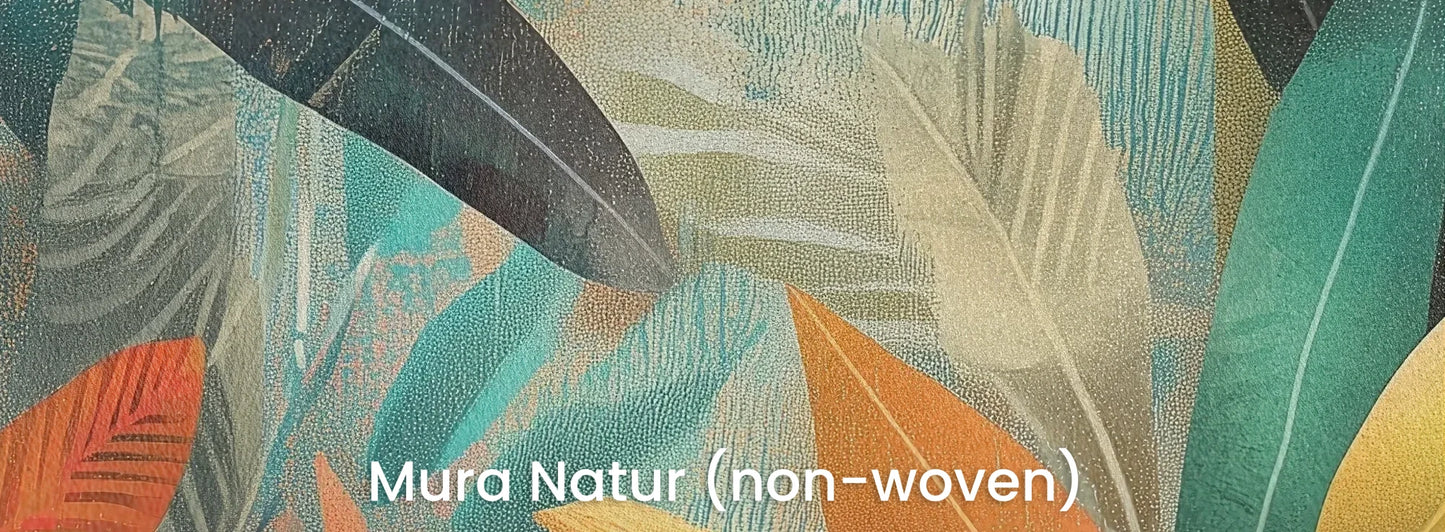 Zbliżenie na fototapetę TROPICAL AURORA - tapeta z egzotycznymi liśćmi w ciepłych barwach na naturalnym podłożu ekologicznym.