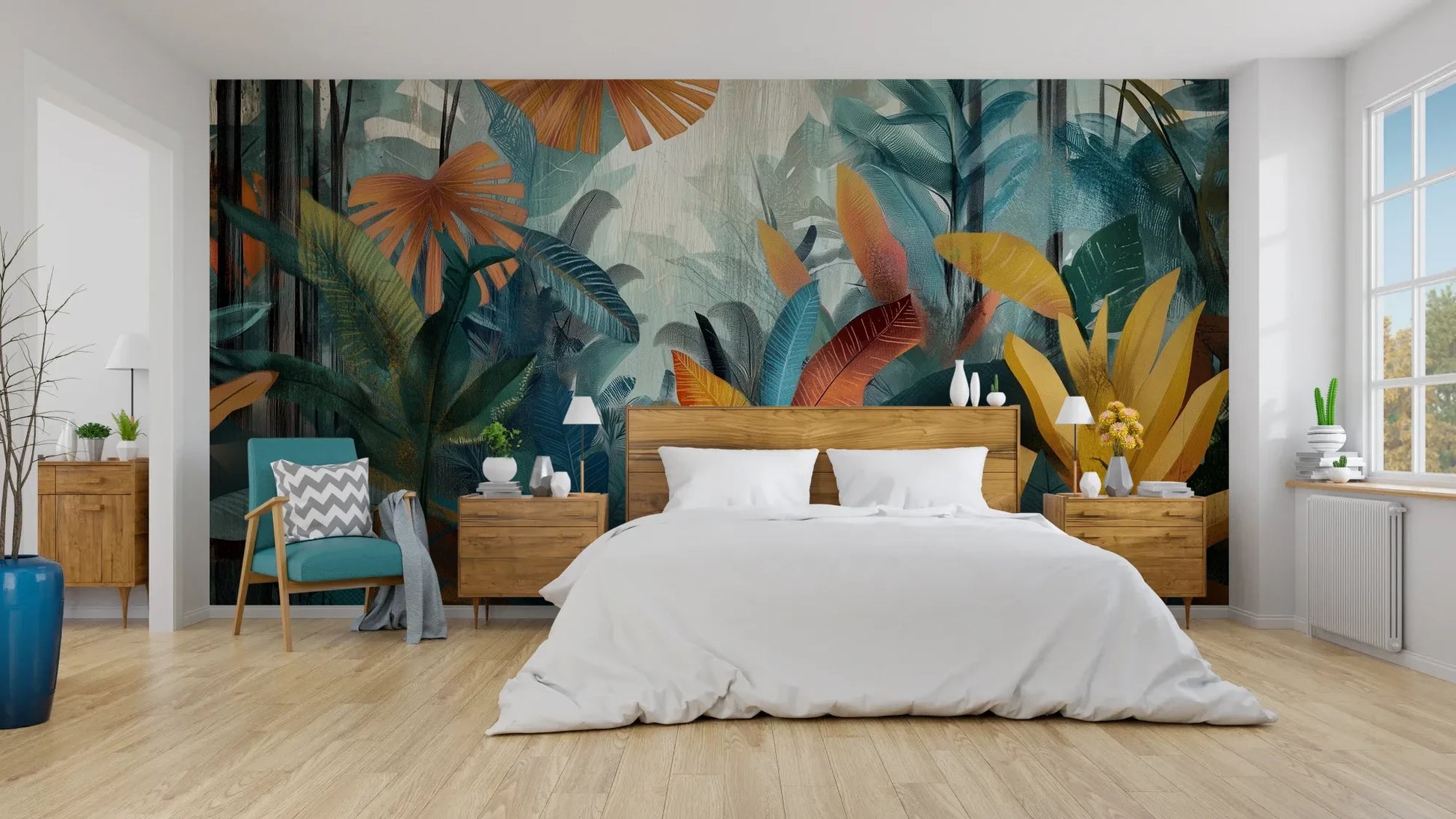 Wzór fototapety TROPICAL FUSION - tapeta z egzotyczną kompozycją w ciepłych barwach pokazanej w aranżacji sypialni.