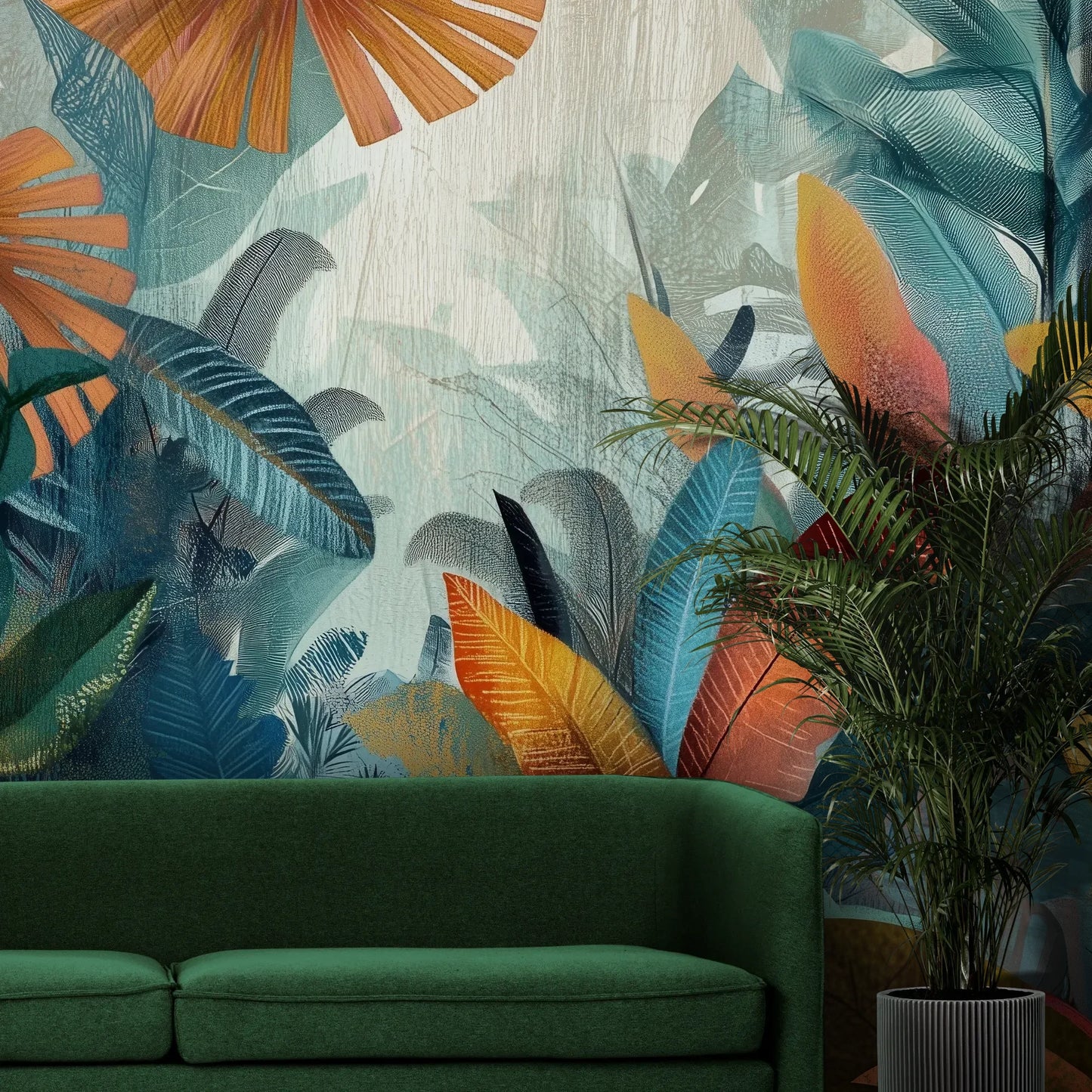 Fototapeta TROPICAL FUSION - tapeta z egzotyczną kompozycją w ciepłych barwach pokazana w aranżacji wnętrza z akcentem na ścianie.