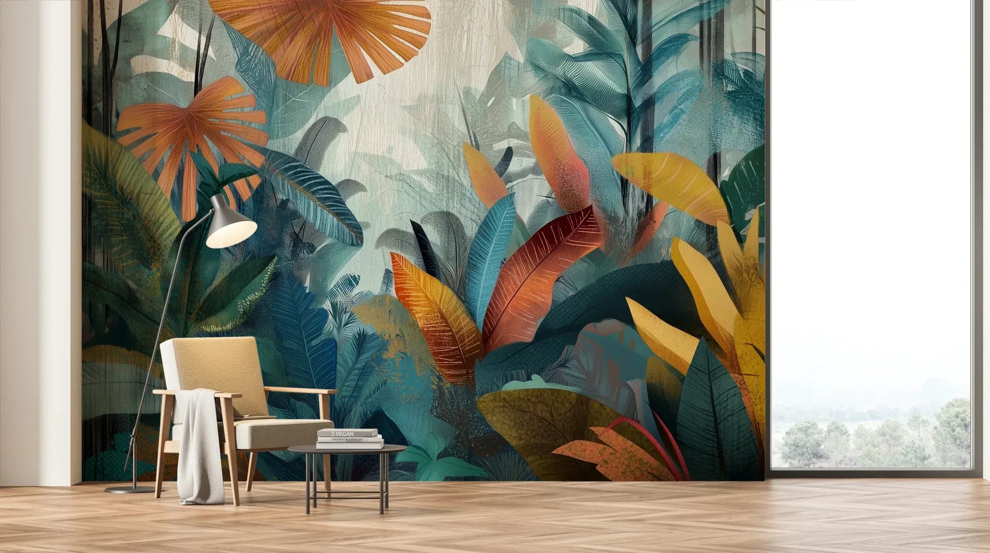 Wzór fototapety TROPICAL FUSION - tapeta z egzotyczną kompozycją w ciepłych barwach pokazanej w aranżacji salonu.