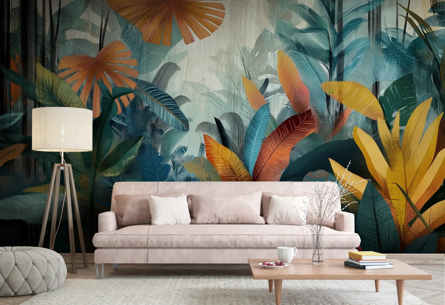 Wzór fototapety TROPICAL FUSION - tapeta z egzotyczną kompozycją w ciepłych barwach pokazanej w aranżacji salonu.