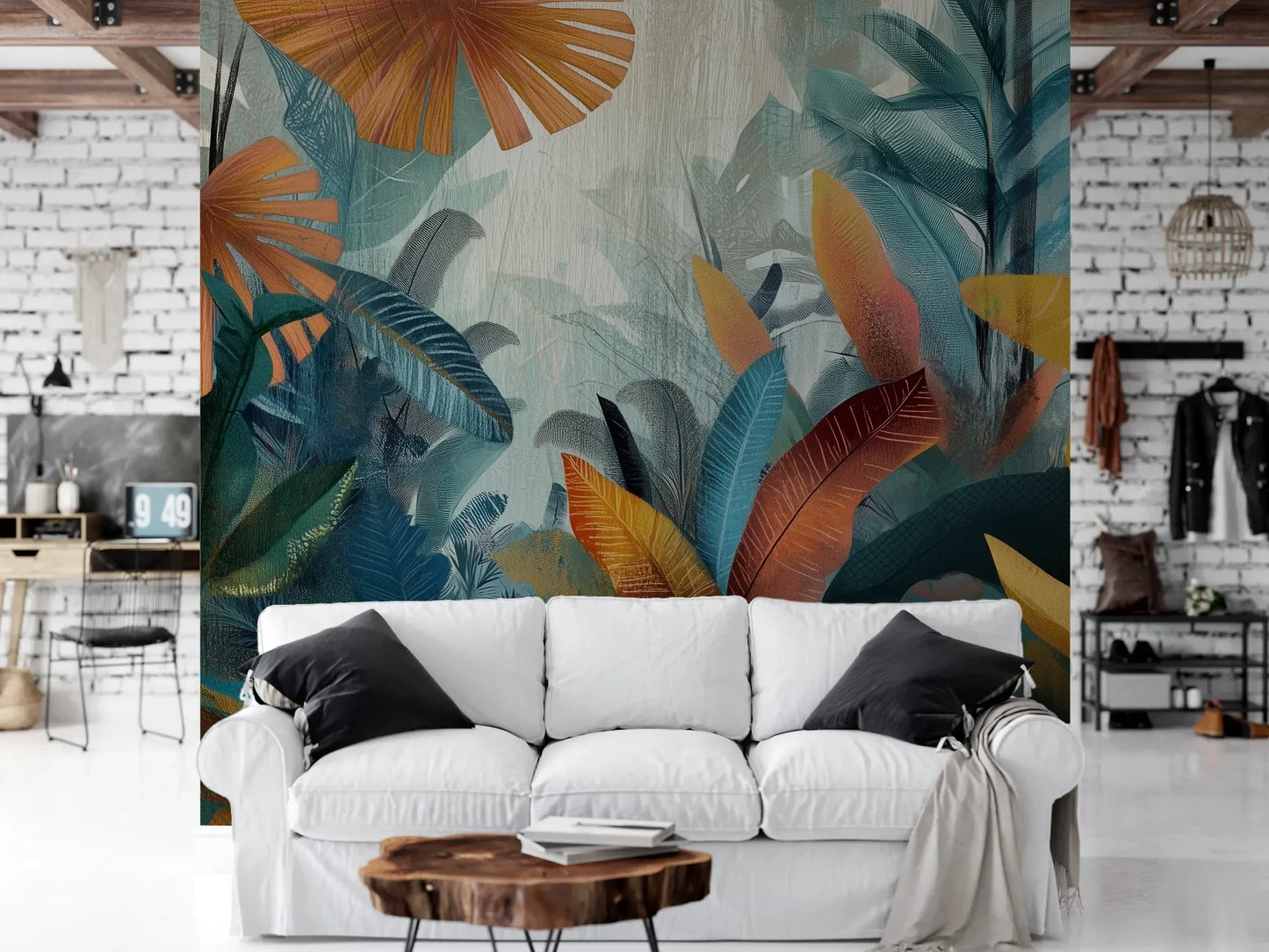 Wzór fototapety TROPICAL FUSION - tapeta z egzotyczną kompozycją w ciepłych barwach pokazanej w aranżacji salonu.