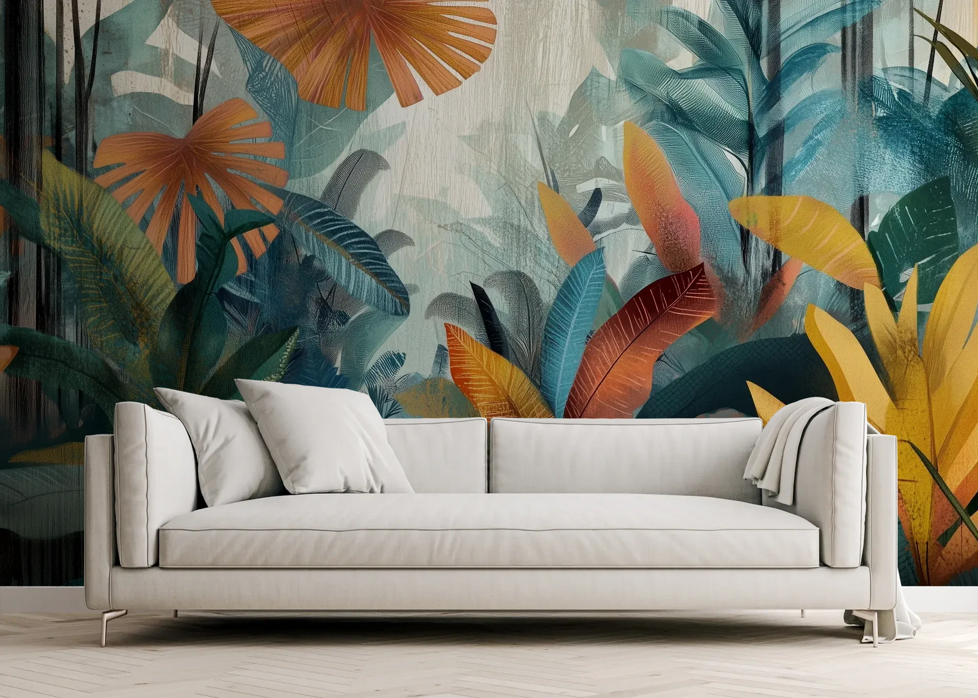 Wzór fototapety TROPICAL FUSION - tapeta z egzotyczną kompozycją w ciepłych barwach pokazanej w aranżacji salonu.