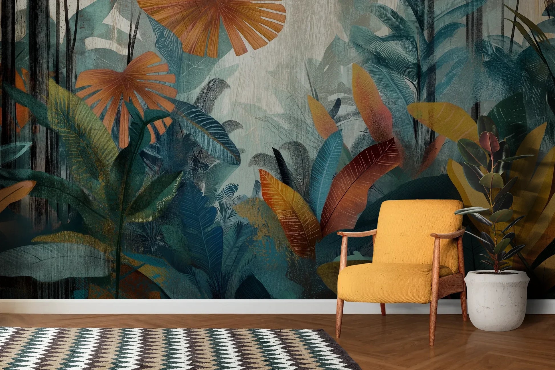 Wzór fototapety TROPICAL FUSION - tapeta z egzotyczną kompozycją w ciepłych barwach pokazanej w aranżacji salonu.