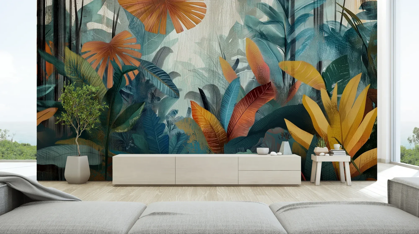 Wzór fototapety TROPICAL FUSION - tapeta z egzotyczną kompozycją w ciepłych barwach pokazanej w aranżacji salonu.
