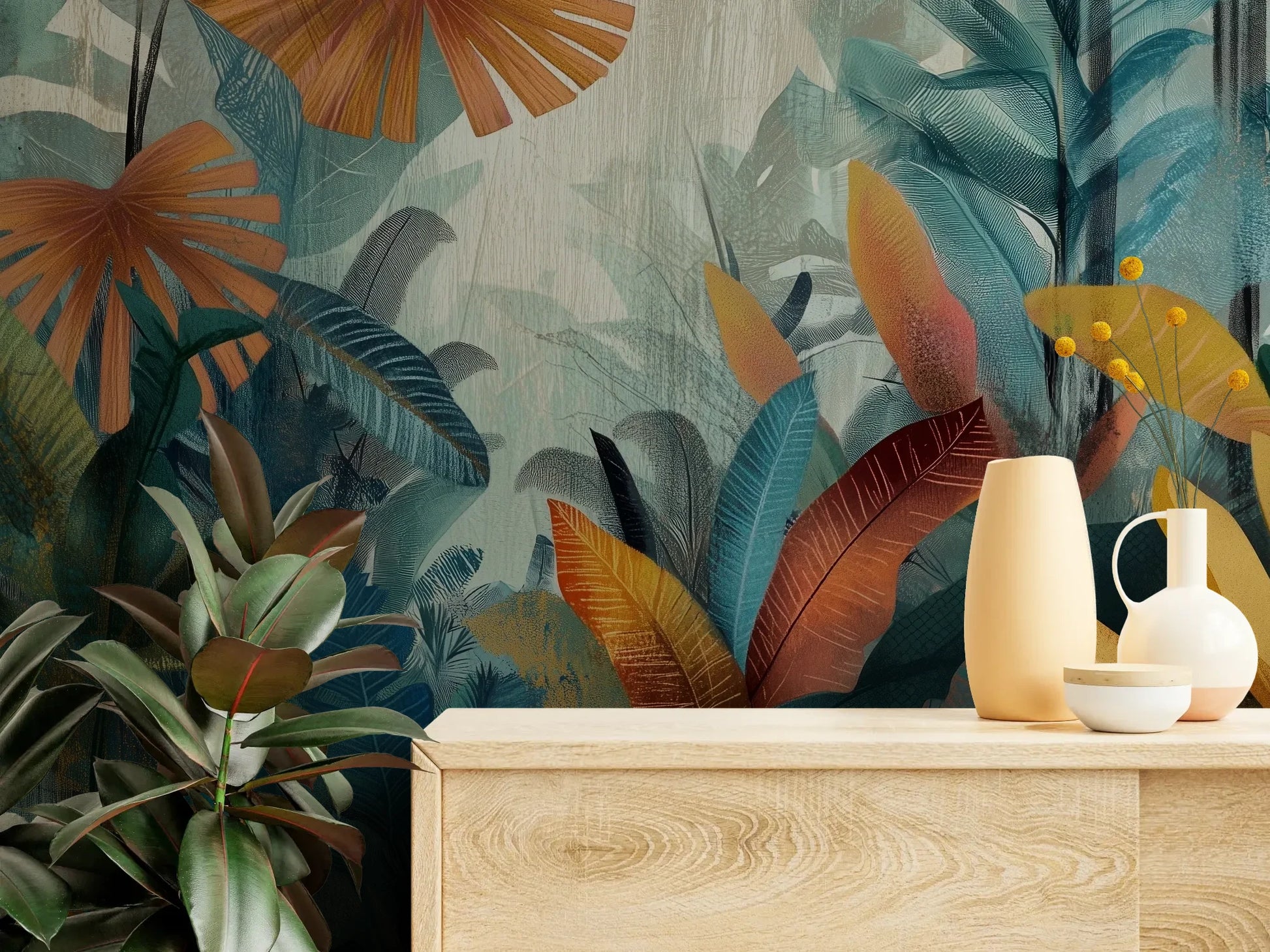 Fototapeta TROPICAL FUSION - tapeta z egzotyczną kompozycją w ciepłych barwach pokazana w aranżacji wnętrza z akcentem na ścianie.
