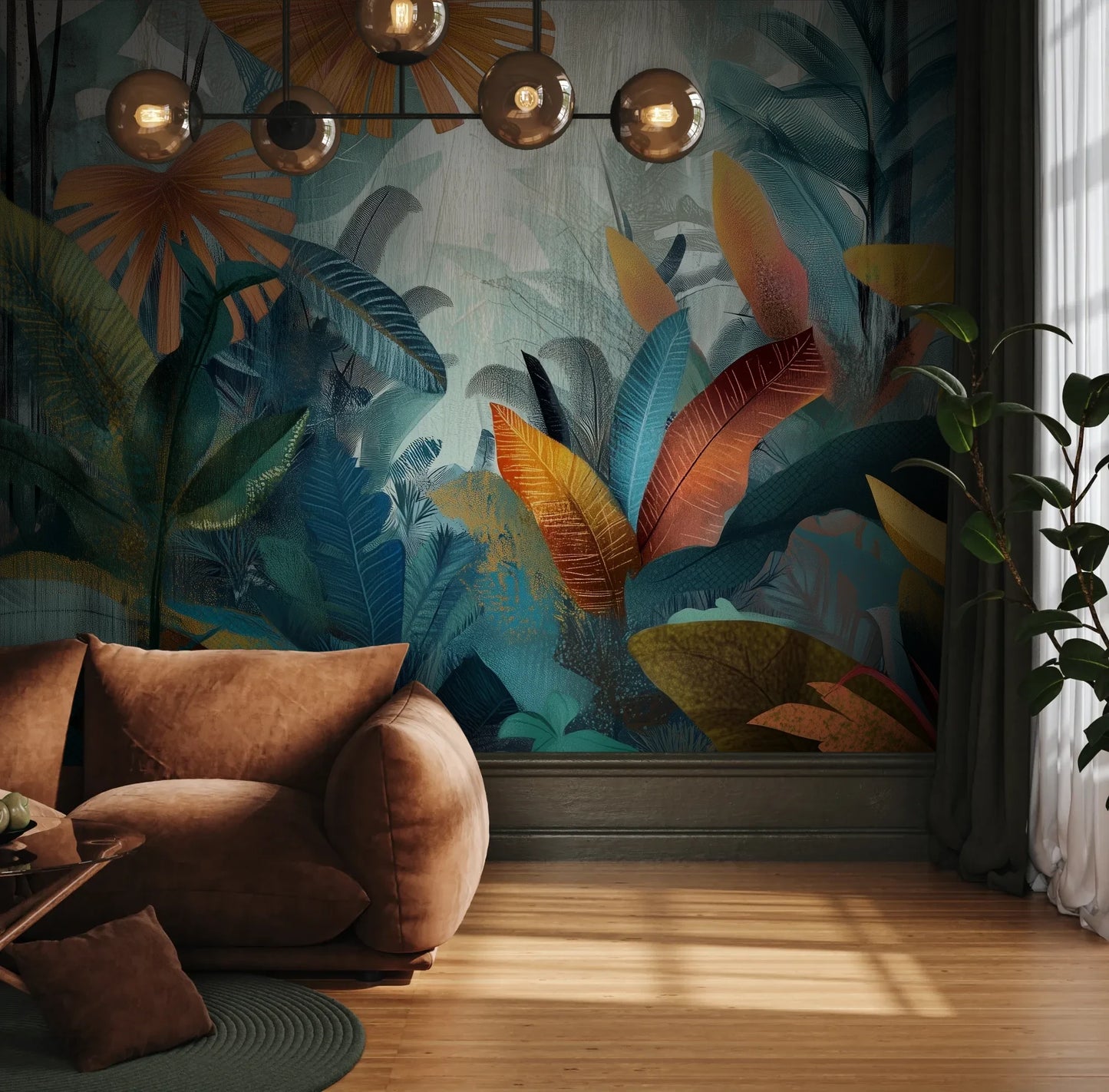 Fototapeta TROPICAL FUSION - tapeta z egzotyczną kompozycją w ciepłych barwach pokazana w aranżacji wnętrza z akcentem na ścianie.