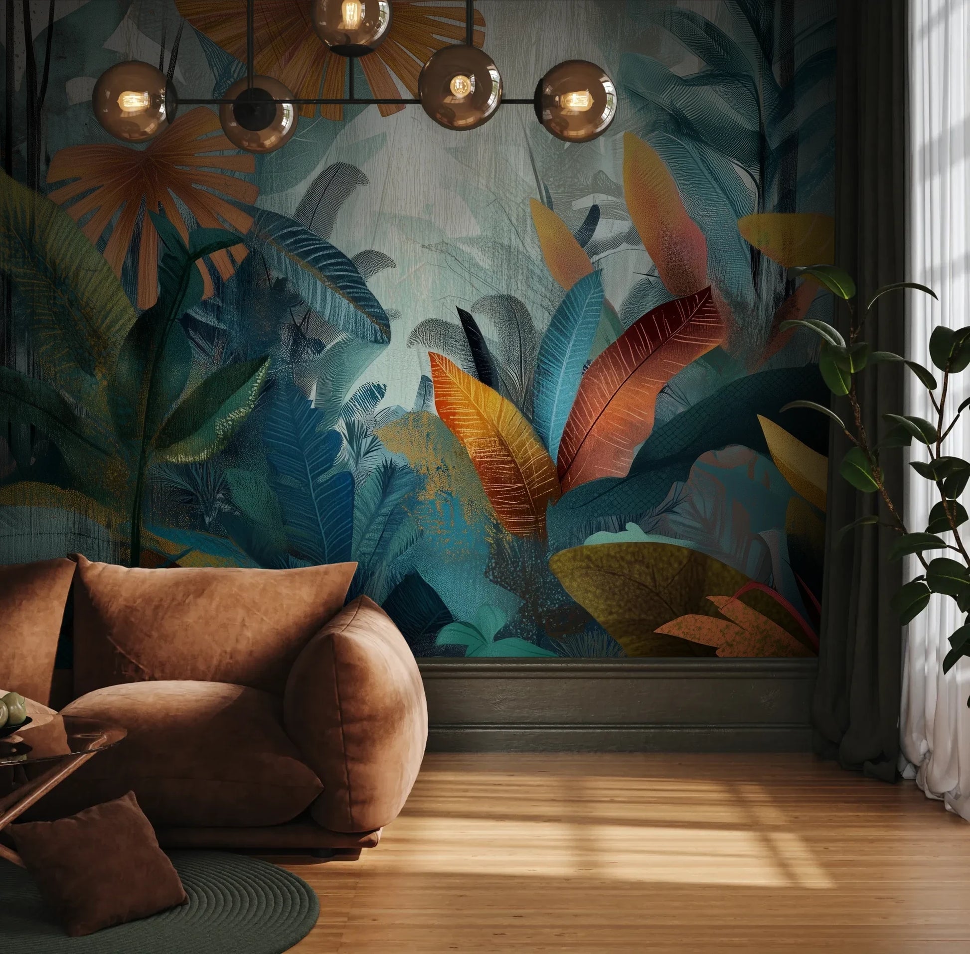 Fototapeta TROPICAL FUSION - tapeta z egzotyczną kompozycją w ciepłych barwach pokazana w aranżacji wnętrza z akcentem na ścianie.