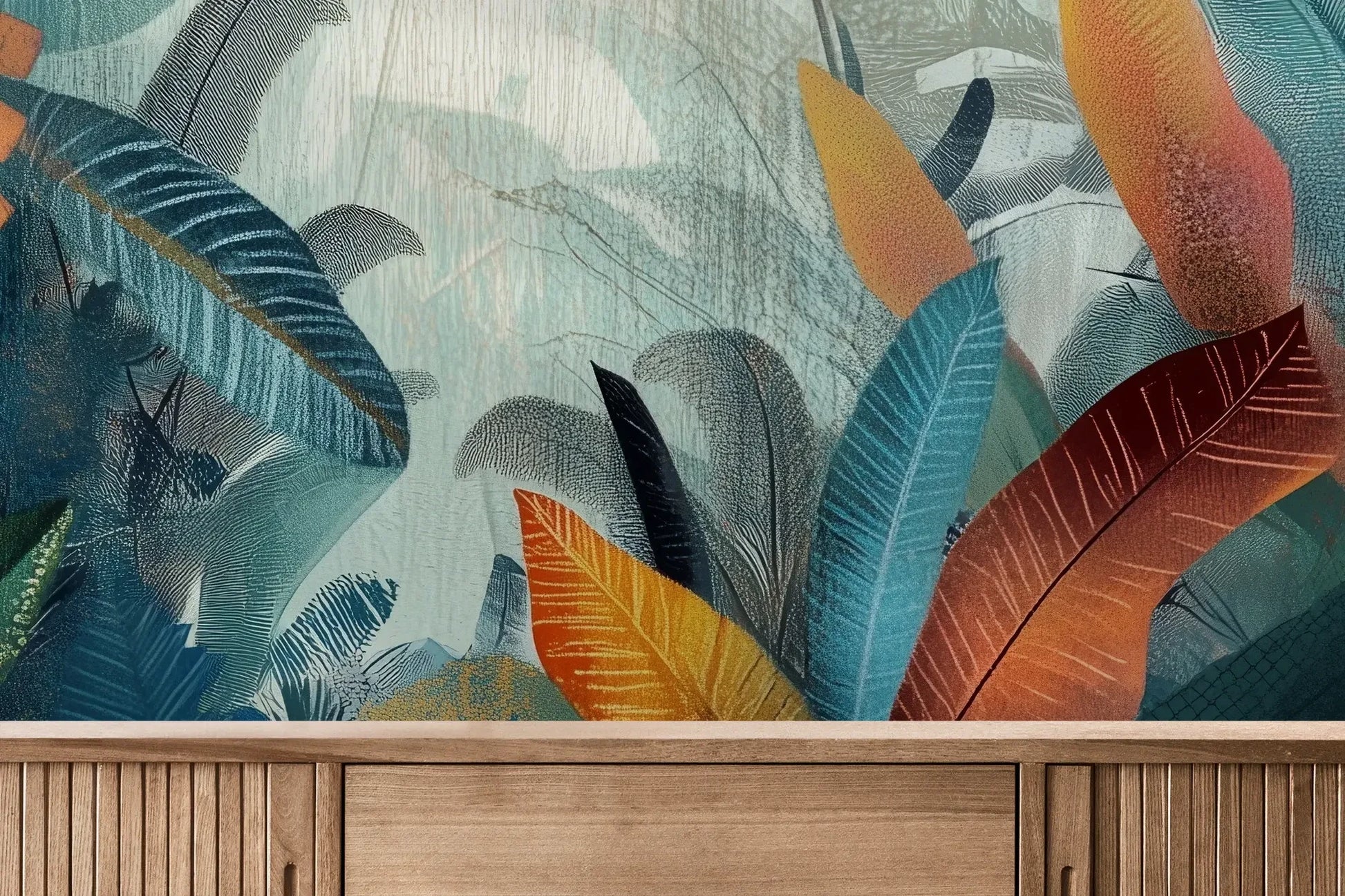Fototapeta TROPICAL FUSION - tapeta z egzotyczną kompozycją w ciepłych barwach pokazana w aranżacji wnętrza z akcentem na ścianie.