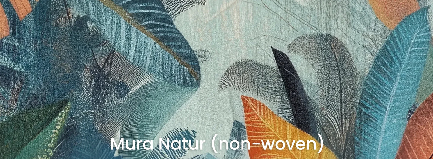 Zbliżenie na fototapetę TROPICAL FUSION - tapeta z egzotyczną kompozycją w ciepłych barwach na naturalnym podłożu ekologicznym.