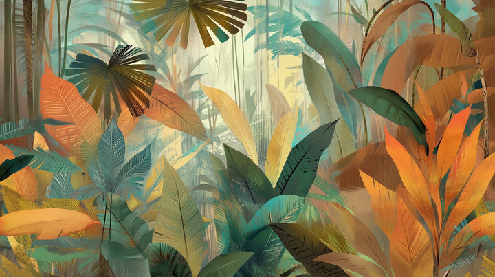 Prezentacja całego wzoru fototapety o nazwie TROPICAL RHAPSODY - tapeta z tropikalną abstrakcją w ciepłych barwach
