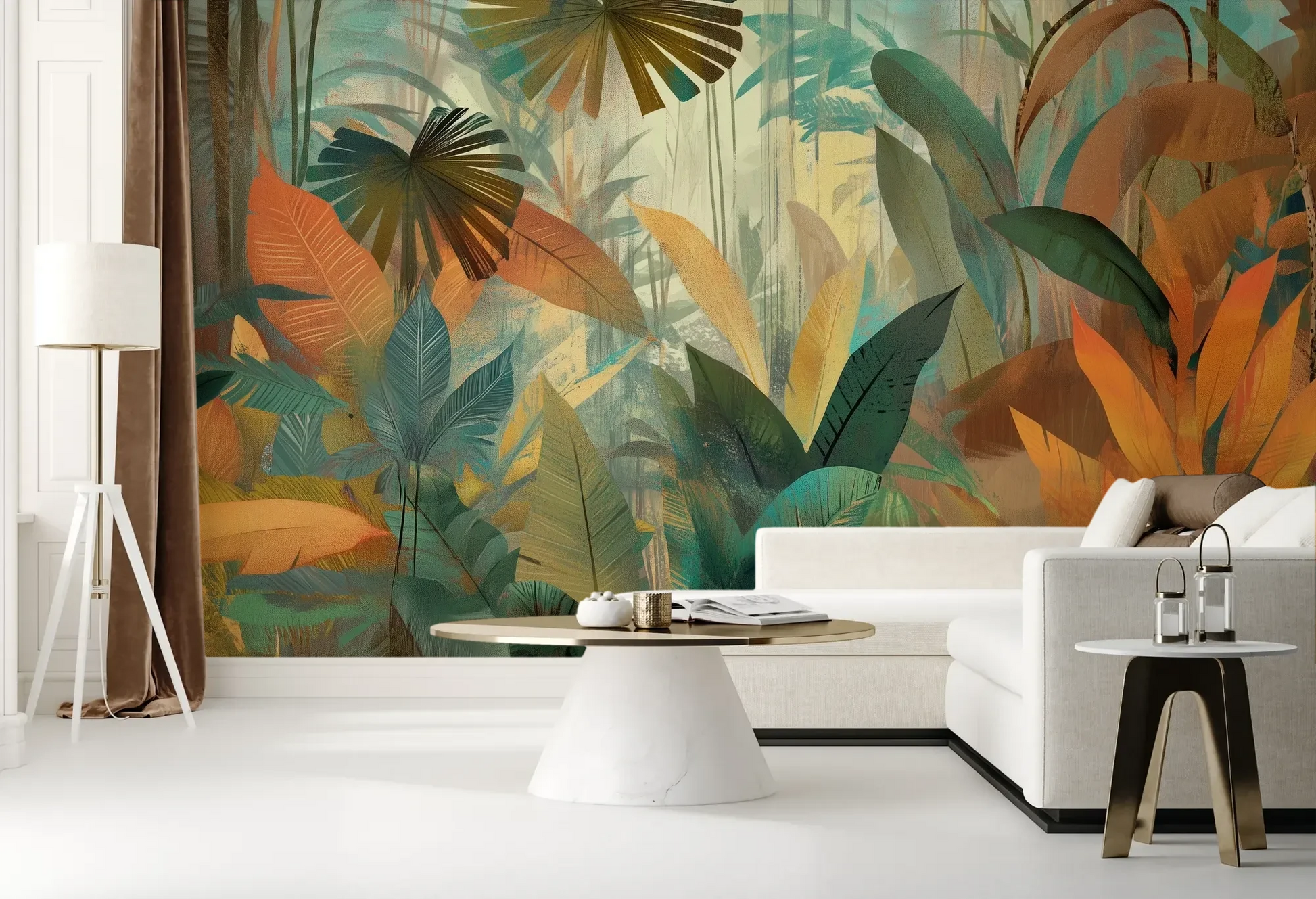 Wzór fototapety TROPICAL RHAPSODY - tapeta z tropikalną abstrakcją w ciepłych barwach pokazanej w aranżacji salonu.