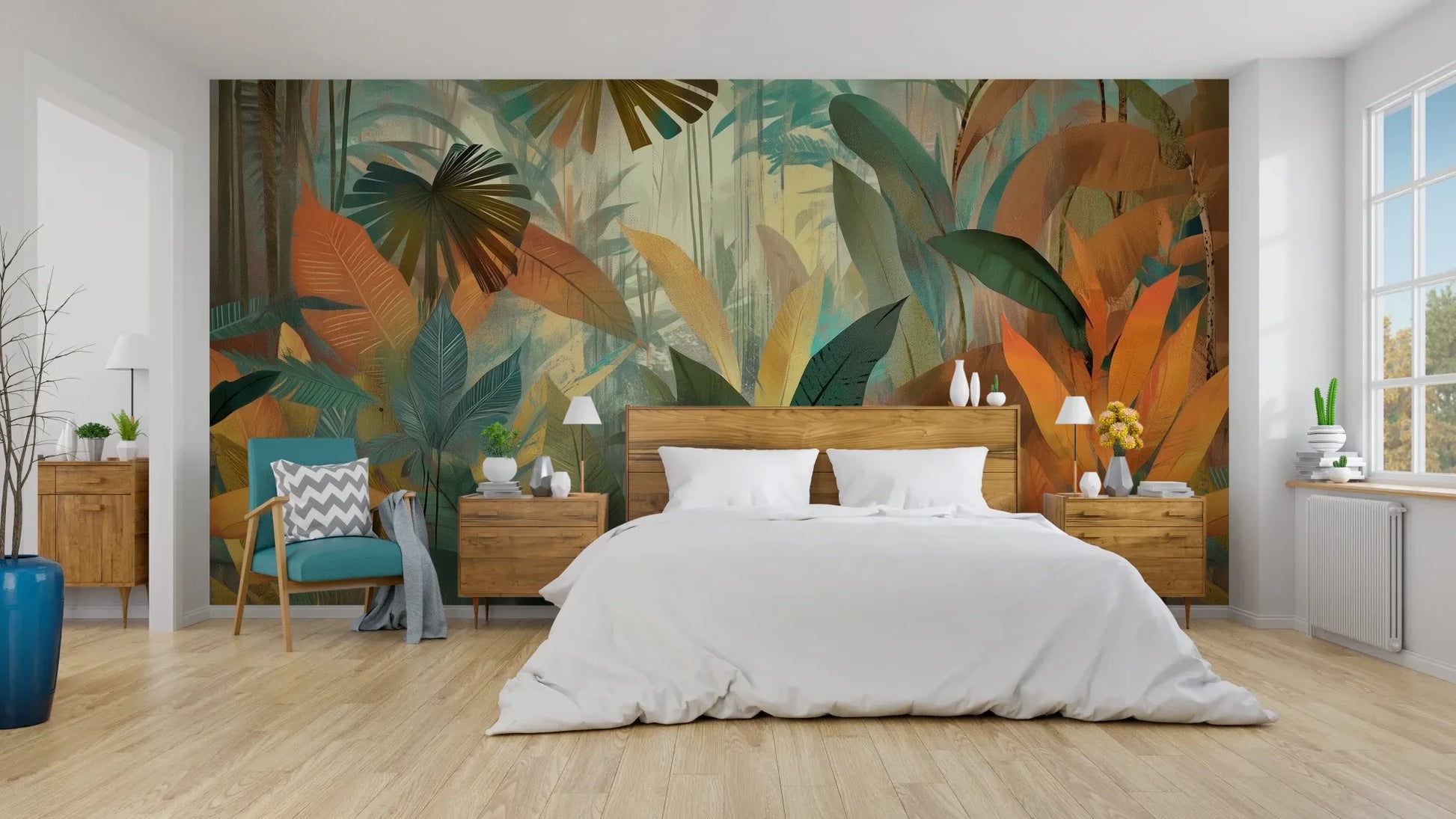 Wzór fototapety TROPICAL RHAPSODY - tapeta z tropikalną abstrakcją w ciepłych barwach pokazanej w aranżacji sypialni.
