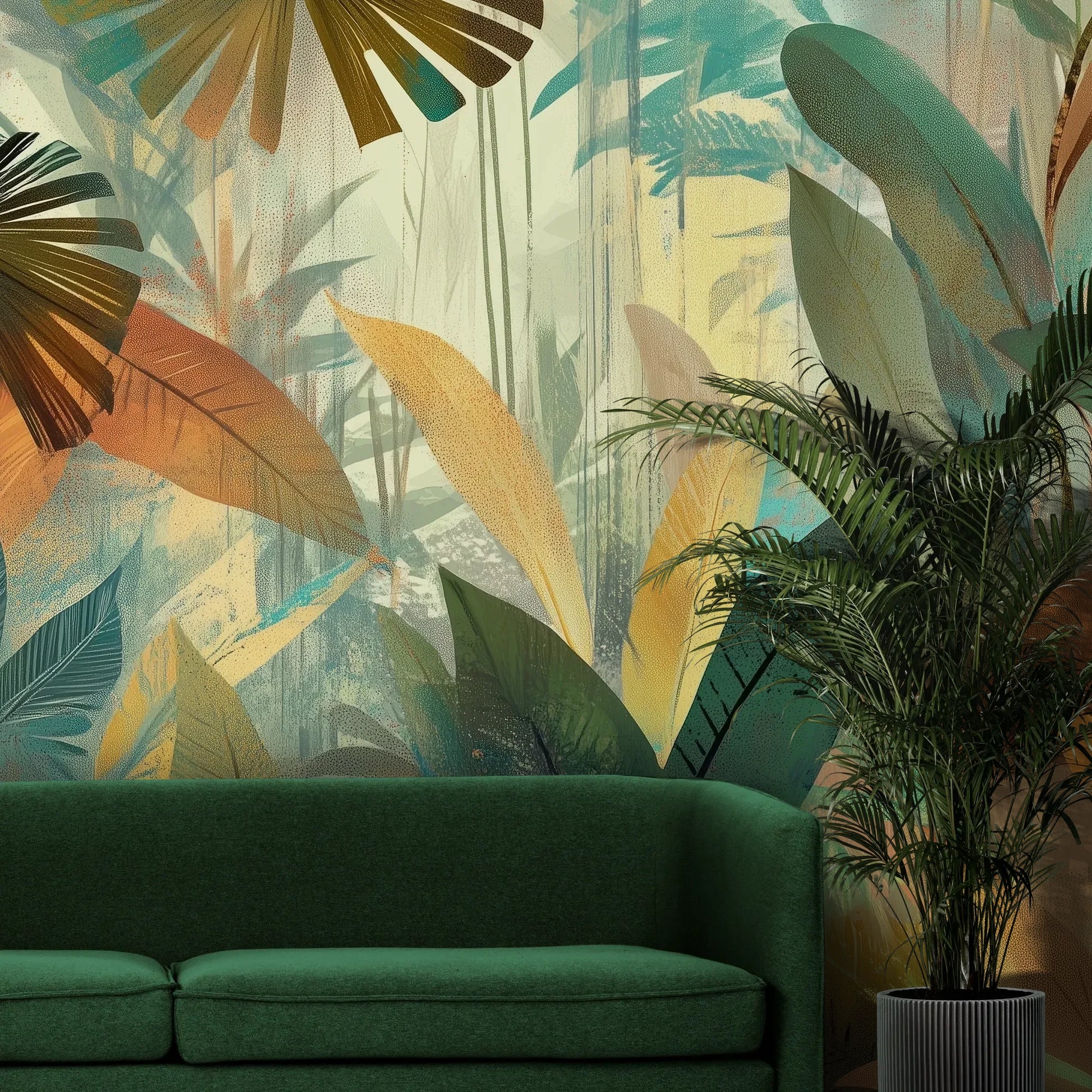 Fototapeta TROPICAL RHAPSODY - tapeta z tropikalną abstrakcją w ciepłych barwach pokazana w aranżacji wnętrza z akcentem na ścianie.