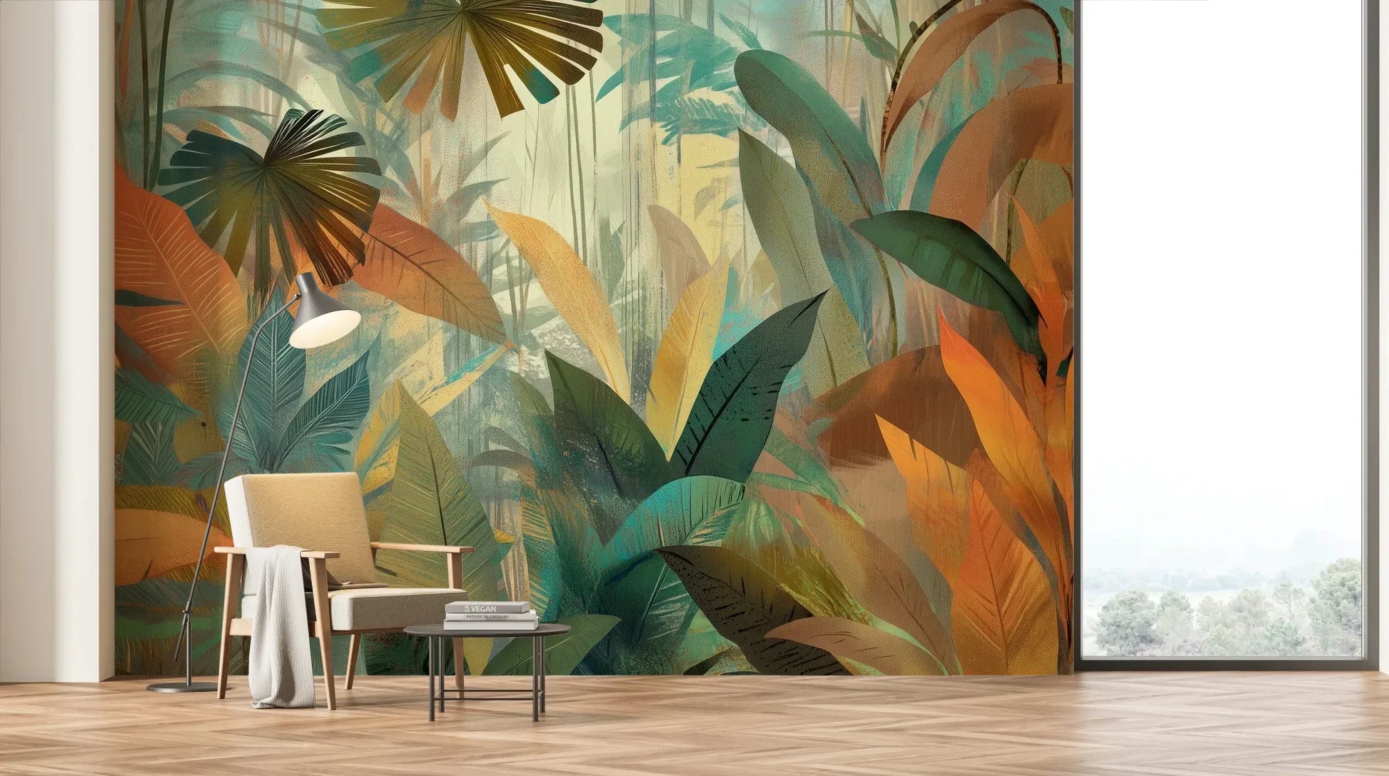 Wzór fototapety TROPICAL RHAPSODY - tapeta z tropikalną abstrakcją w ciepłych barwach pokazanej w aranżacji salonu.