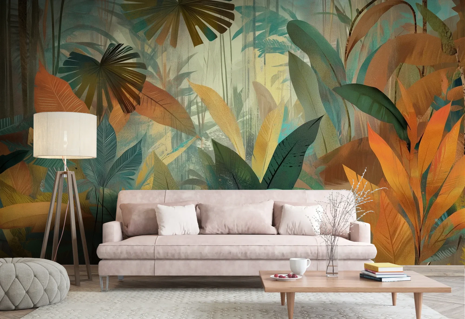 Wzór fototapety TROPICAL RHAPSODY - tapeta z tropikalną abstrakcją w ciepłych barwach pokazanej w aranżacji salonu.