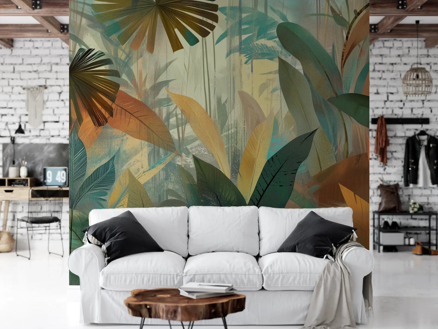 Wzór fototapety TROPICAL RHAPSODY - tapeta z tropikalną abstrakcją w ciepłych barwach pokazanej w aranżacji salonu.