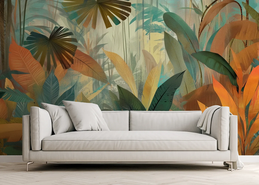 Wzór fototapety TROPICAL RHAPSODY - tapeta z tropikalną abstrakcją w ciepłych barwach pokazanej w aranżacji salonu.