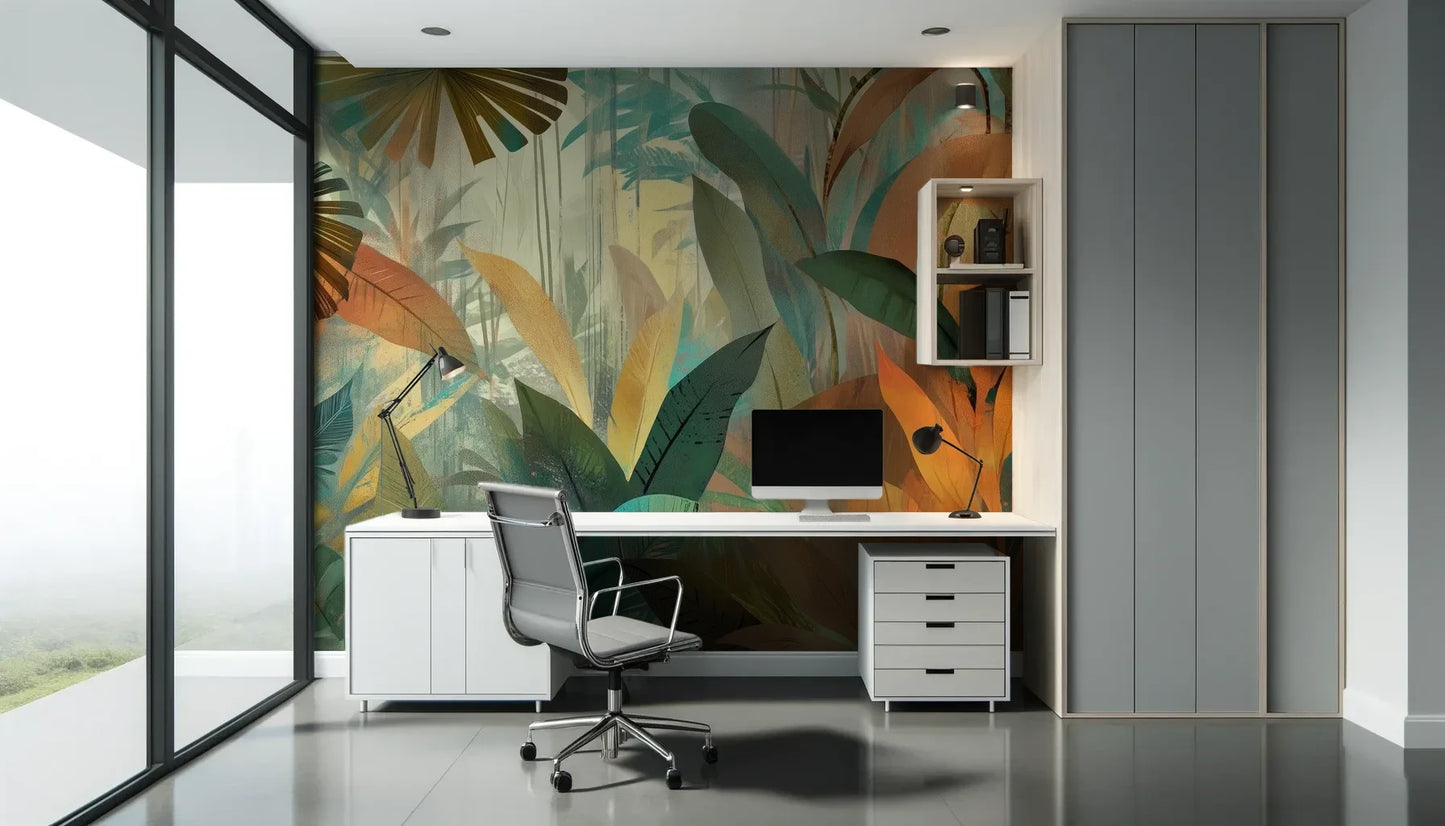 Fototapeta TROPICAL RHAPSODY - tapeta z tropikalną abstrakcją w ciepłych barwach pokazana w aranżacji biura.