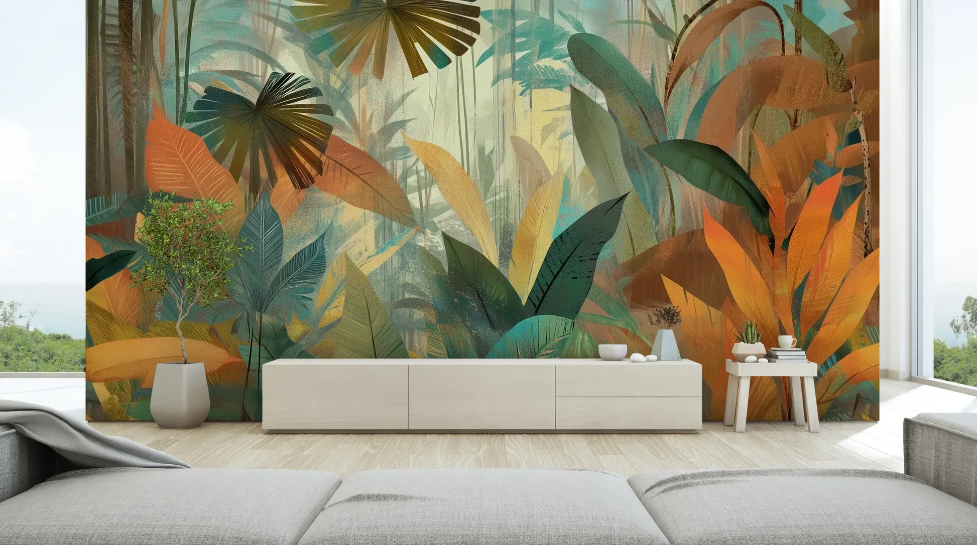Wzór fototapety TROPICAL RHAPSODY - tapeta z tropikalną abstrakcją w ciepłych barwach pokazanej w aranżacji salonu.