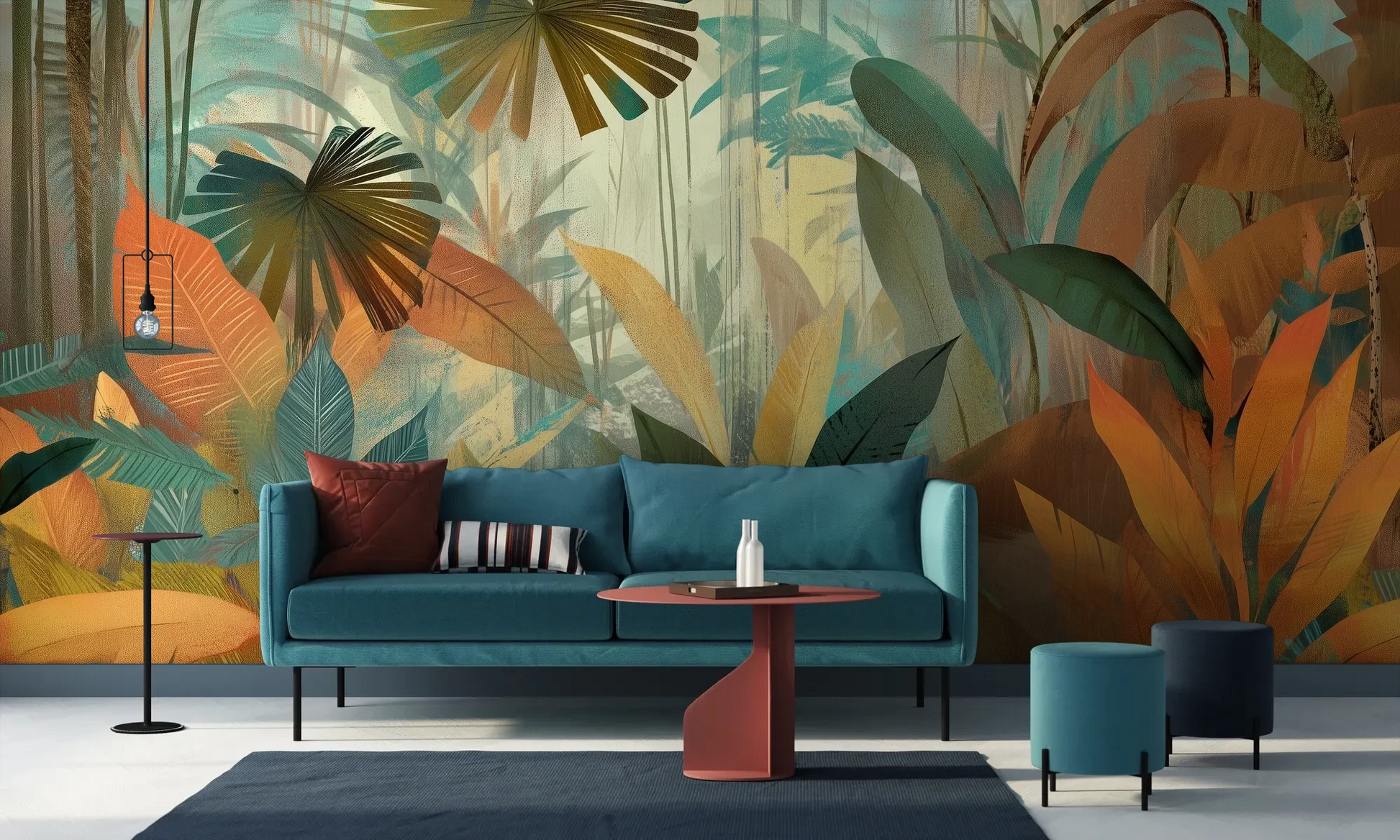 Wzór fototapety TROPICAL RHAPSODY - tapeta z tropikalną abstrakcją w ciepłych barwach pokazanej w aranżacji salonu.