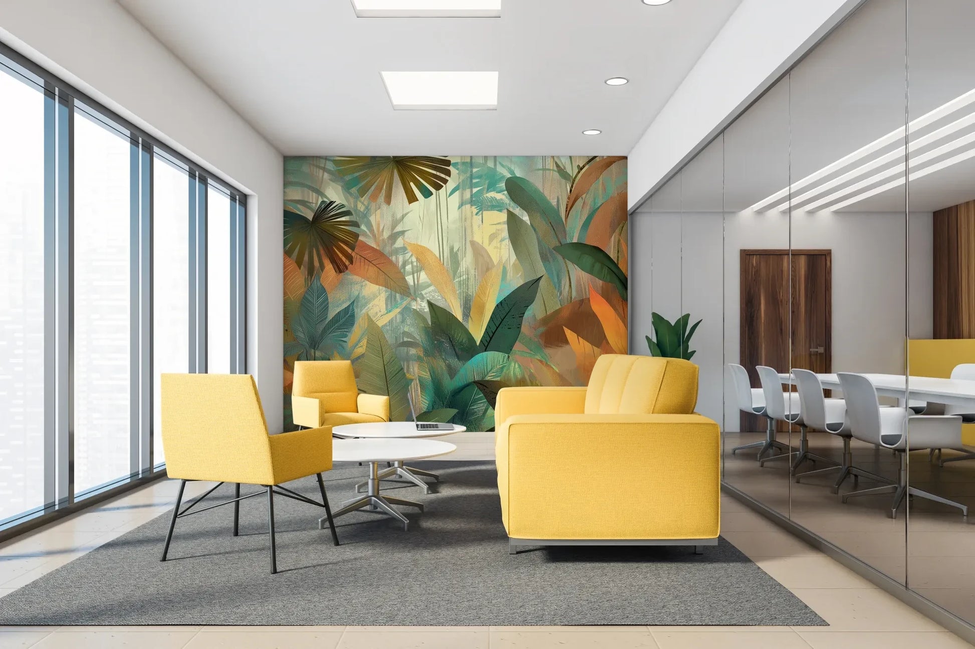 Fototapeta TROPICAL RHAPSODY - tapeta z tropikalną abstrakcją w ciepłych barwach w aranżacji wnętrza.