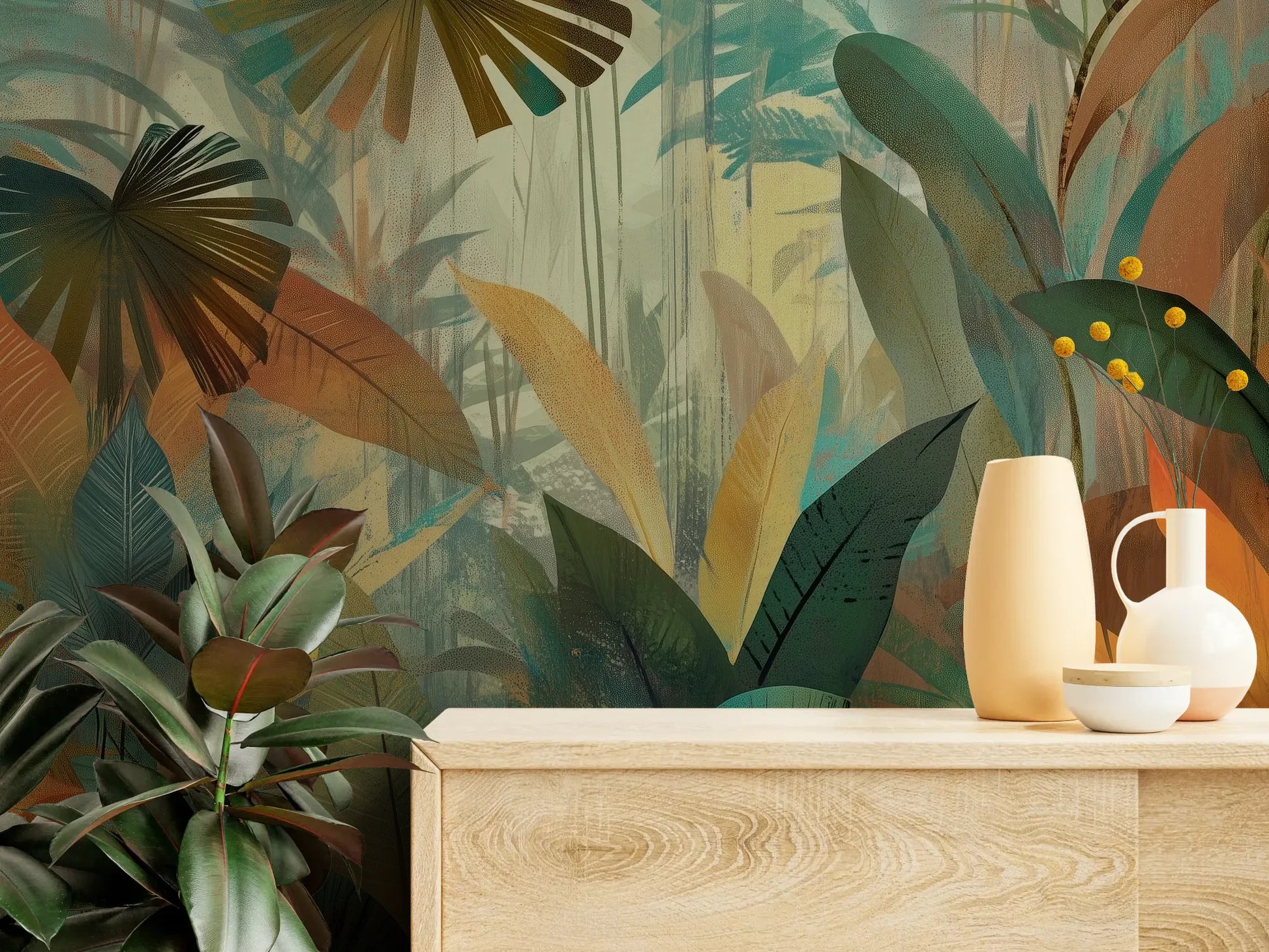 Fototapeta TROPICAL RHAPSODY - tapeta z tropikalną abstrakcją w ciepłych barwach pokazana w aranżacji wnętrza z akcentem na ścianie.