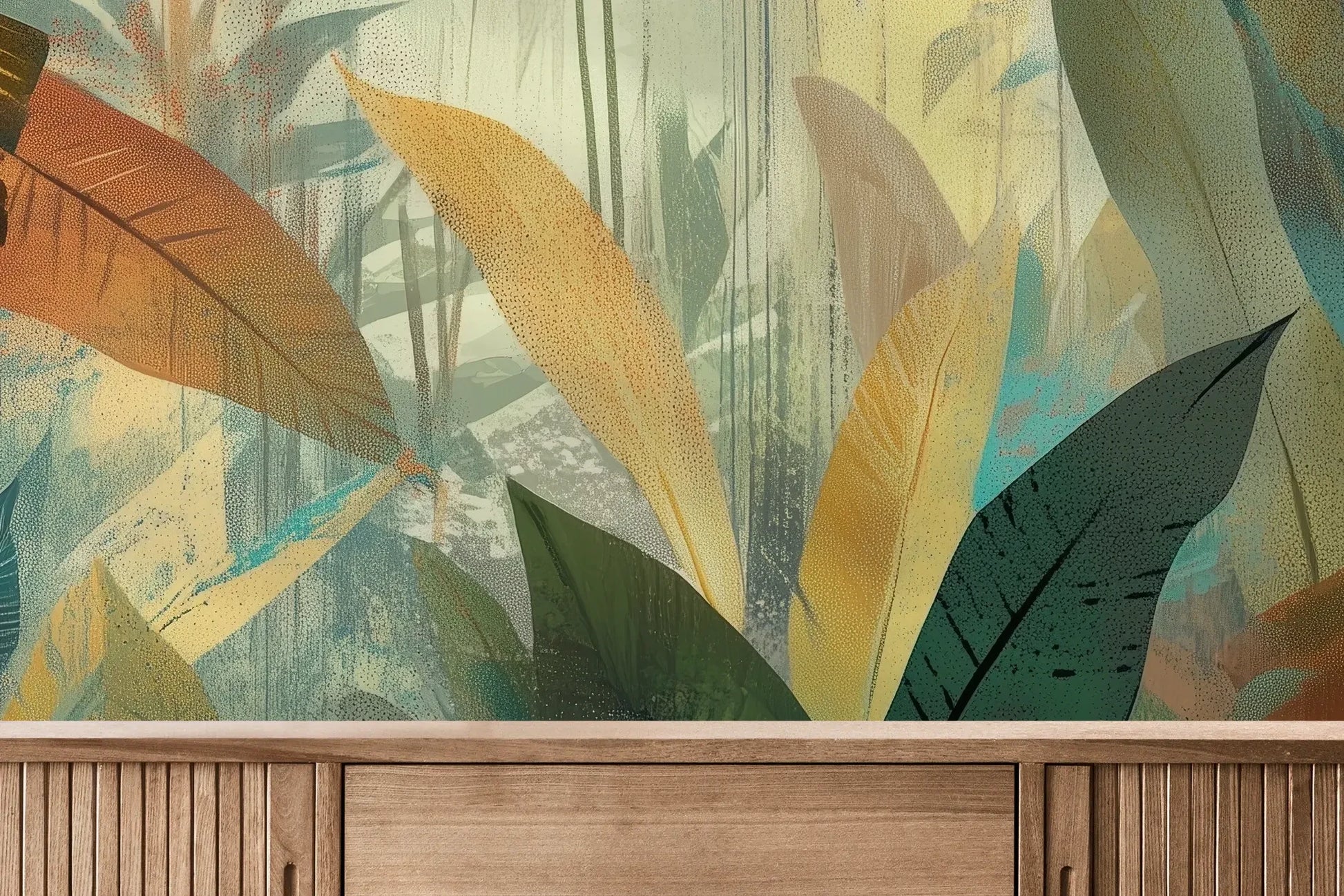 Fototapeta TROPICAL RHAPSODY - tapeta z tropikalną abstrakcją w ciepłych barwach pokazana w aranżacji wnętrza z akcentem na ścianie.