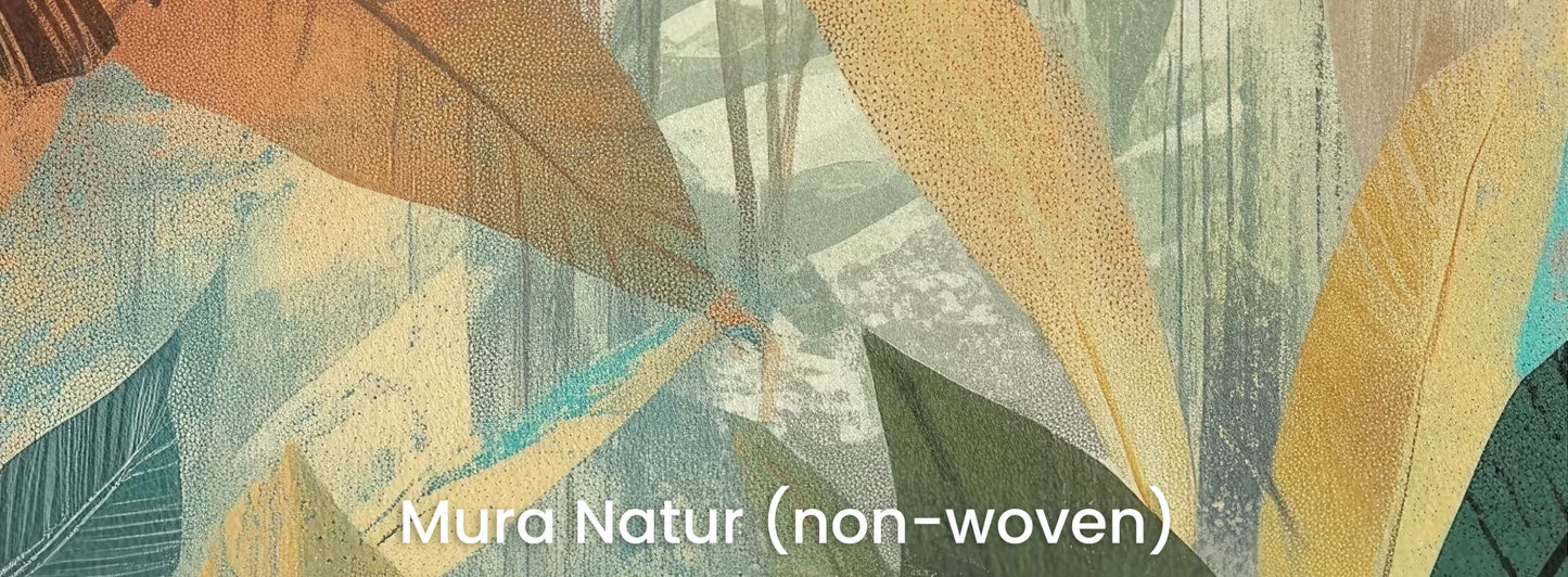 Zbliżenie na fototapetę TROPICAL RHAPSODY - tapeta z tropikalną abstrakcją w ciepłych barwach na naturalnym podłożu ekologicznym.