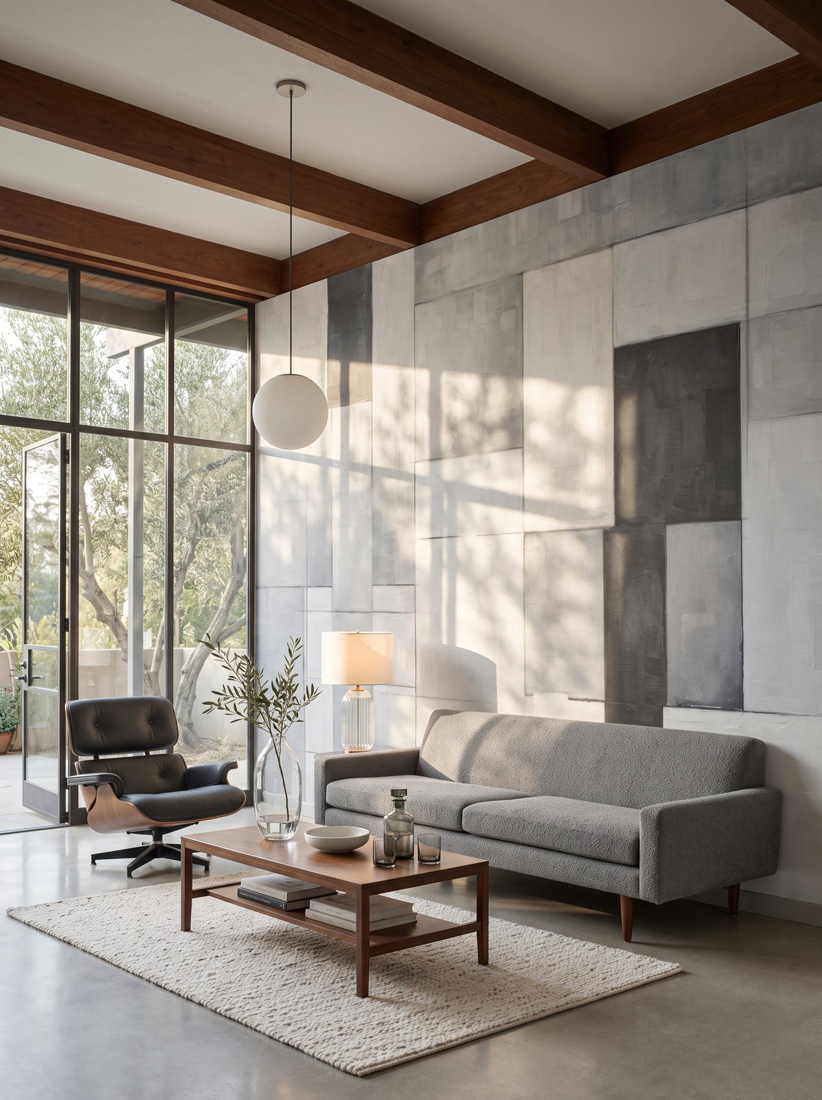 Papier peint panoramique artistique « Concrete Patchwork » dans un intérieur : salon dans une maison californienne du milieu du XXe siècle.